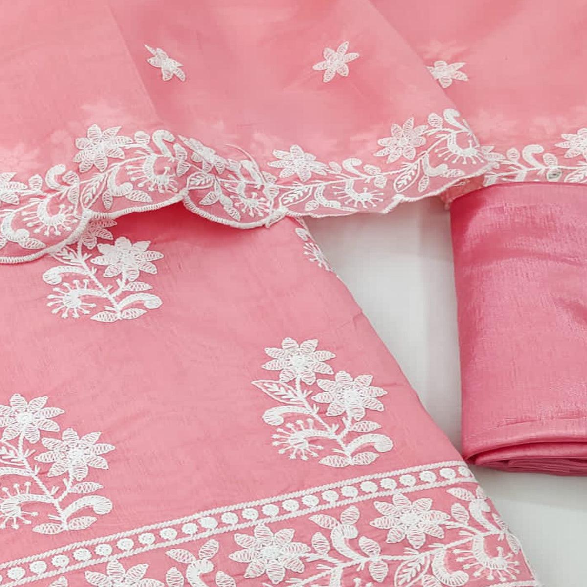 Pink Casual Wear Floral Embroidered Chanderi Dress Material - Peachmode