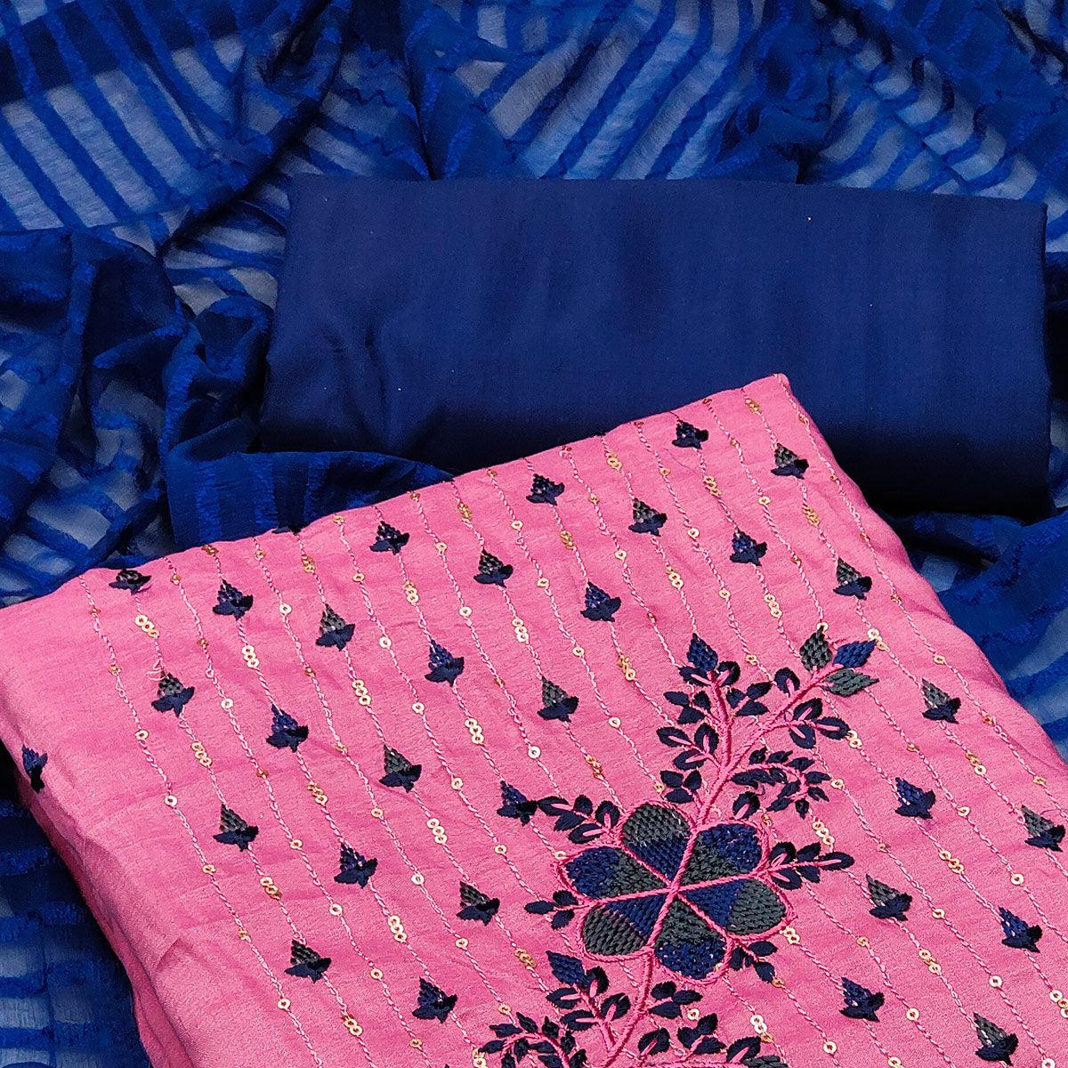 Pink Casual Wear Floral Embroidered Cotton Dress Material - Peachmode