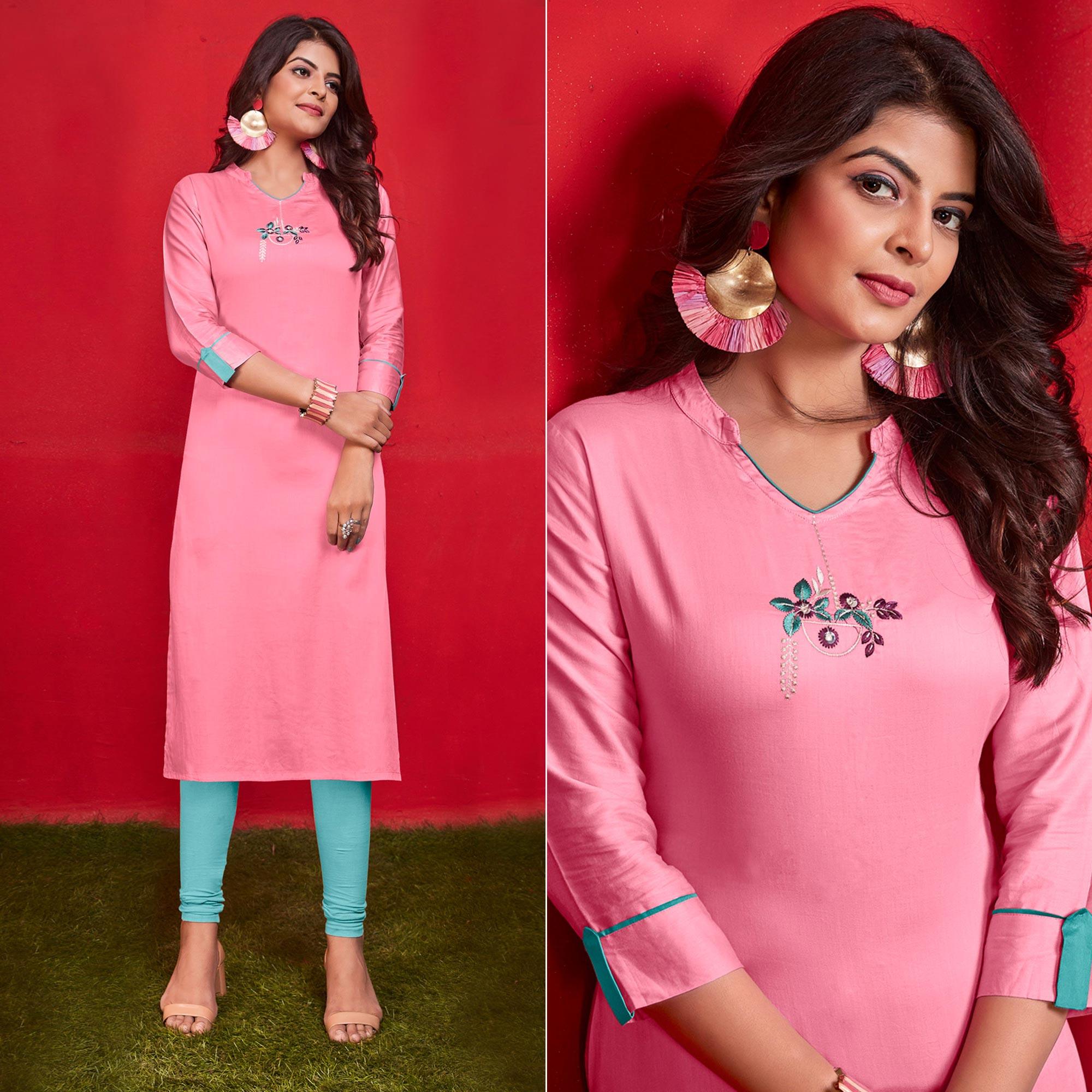 Pink Casual Wear Floral Embroidered Cotton Kurti - Peachmode