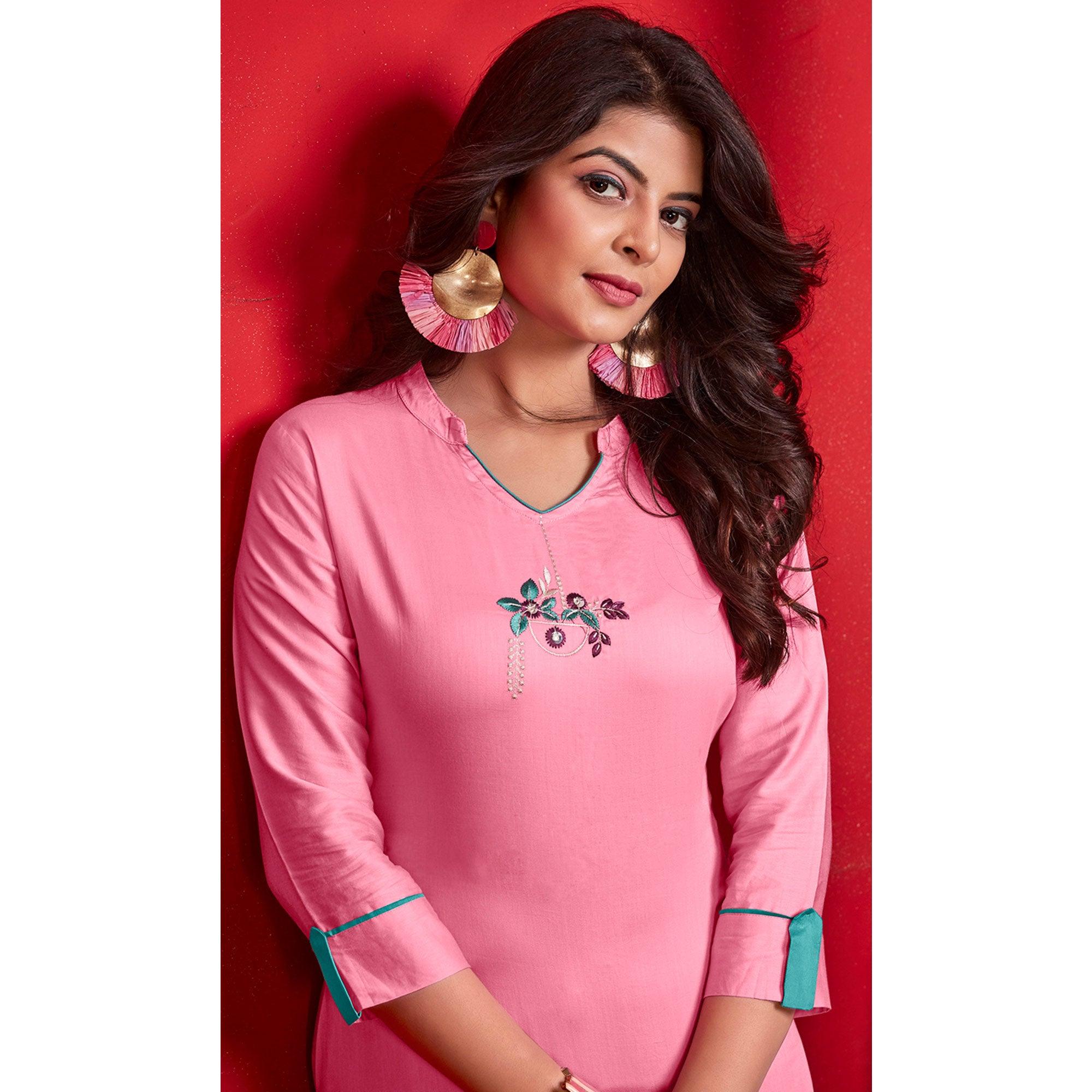 Pink Casual Wear Floral Embroidered Cotton Kurti - Peachmode