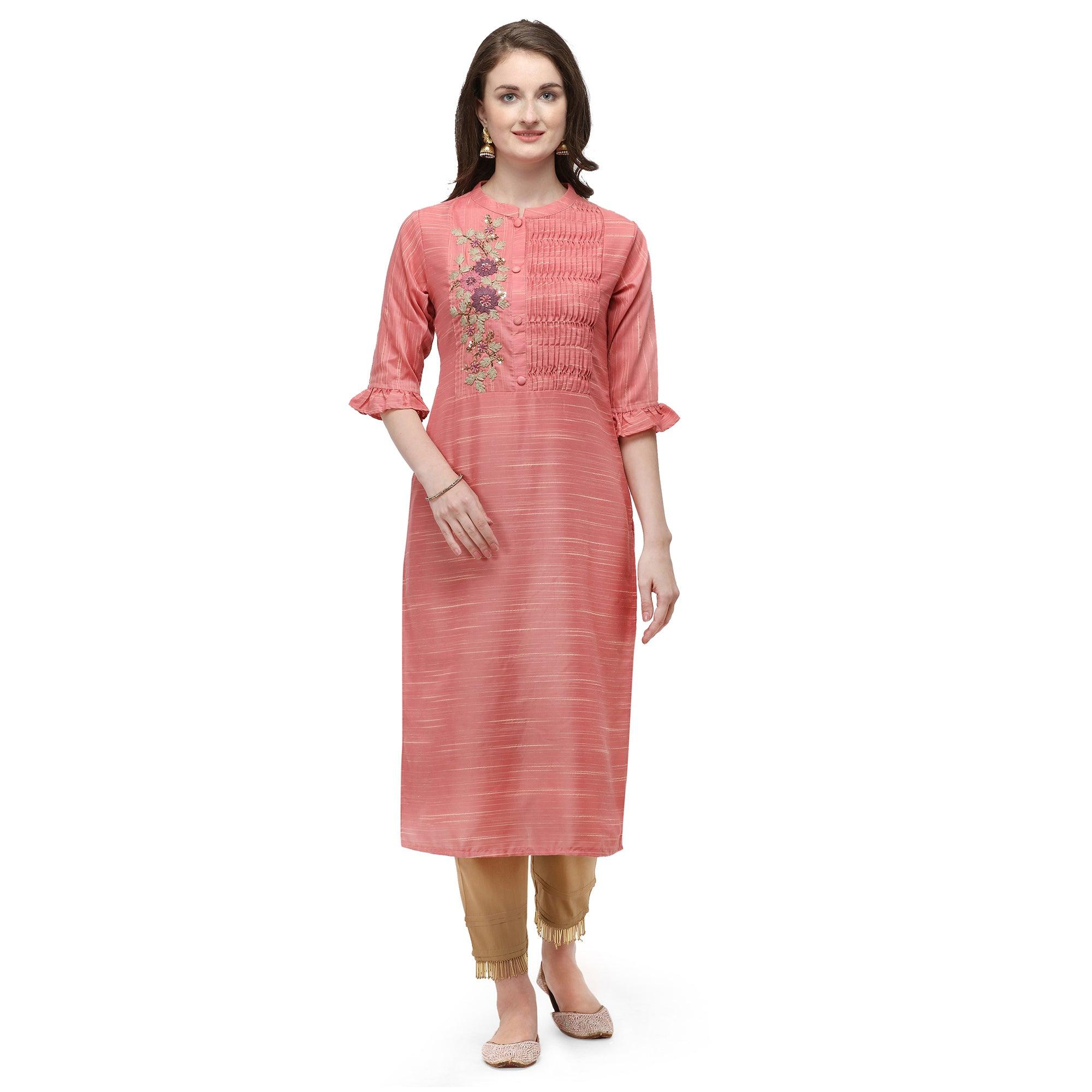 Pink Casual Wear Floral Embroidered Rayon Slub Silk Kurti - Peachmode