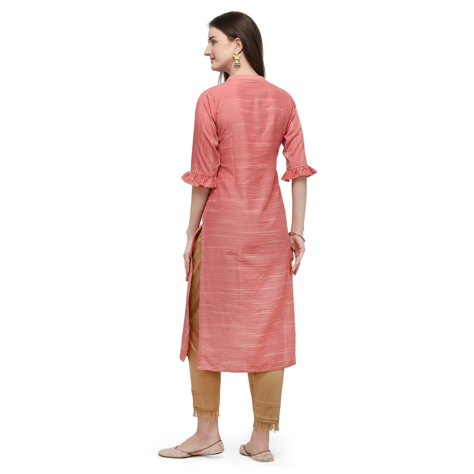 Pink Casual Wear Floral Embroidered Rayon Slub Silk Kurti - Peachmode
