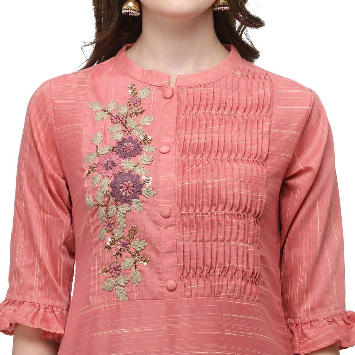 Pink Casual Wear Floral Embroidered Rayon Slub Silk Kurti - Peachmode
