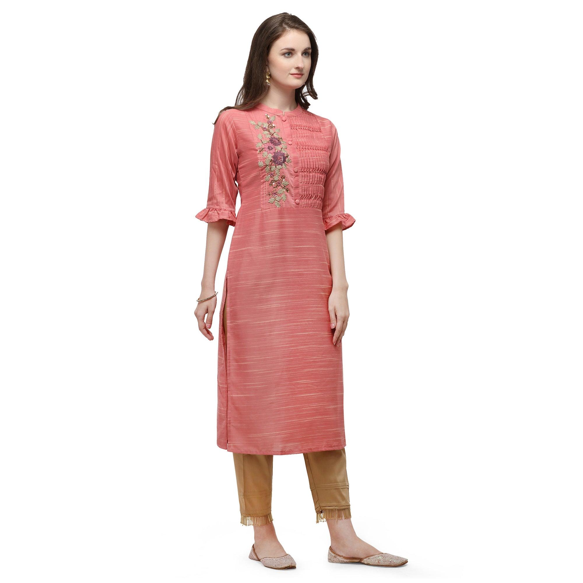 Pink Casual Wear Floral Embroidered Rayon Slub Silk Kurti - Peachmode