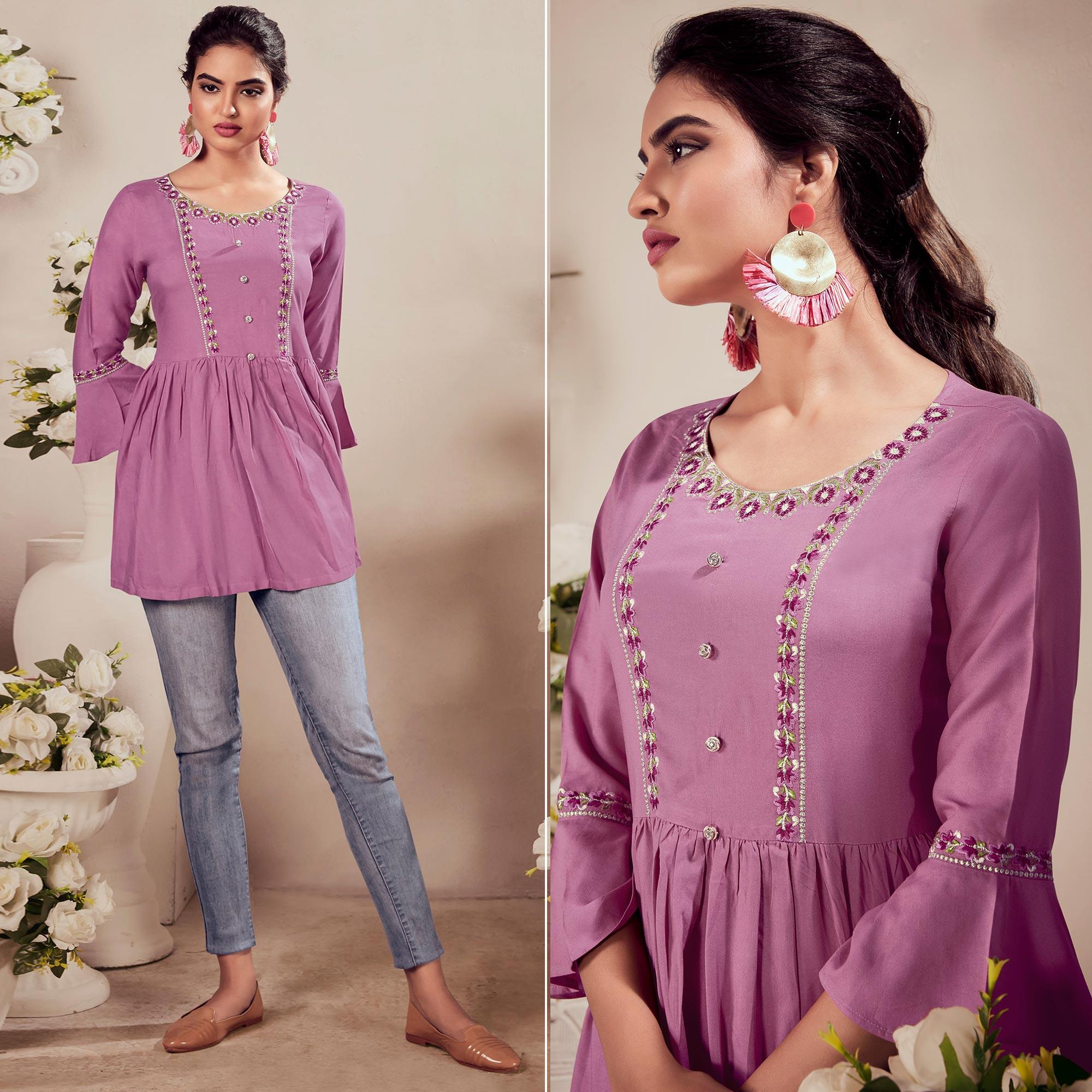 Pink Casual Wear Floral Embroidered Rayon Top - Peachmode