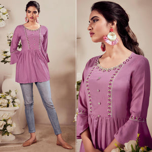 Pink Casual Wear Floral Embroidered Rayon Top - Peachmode