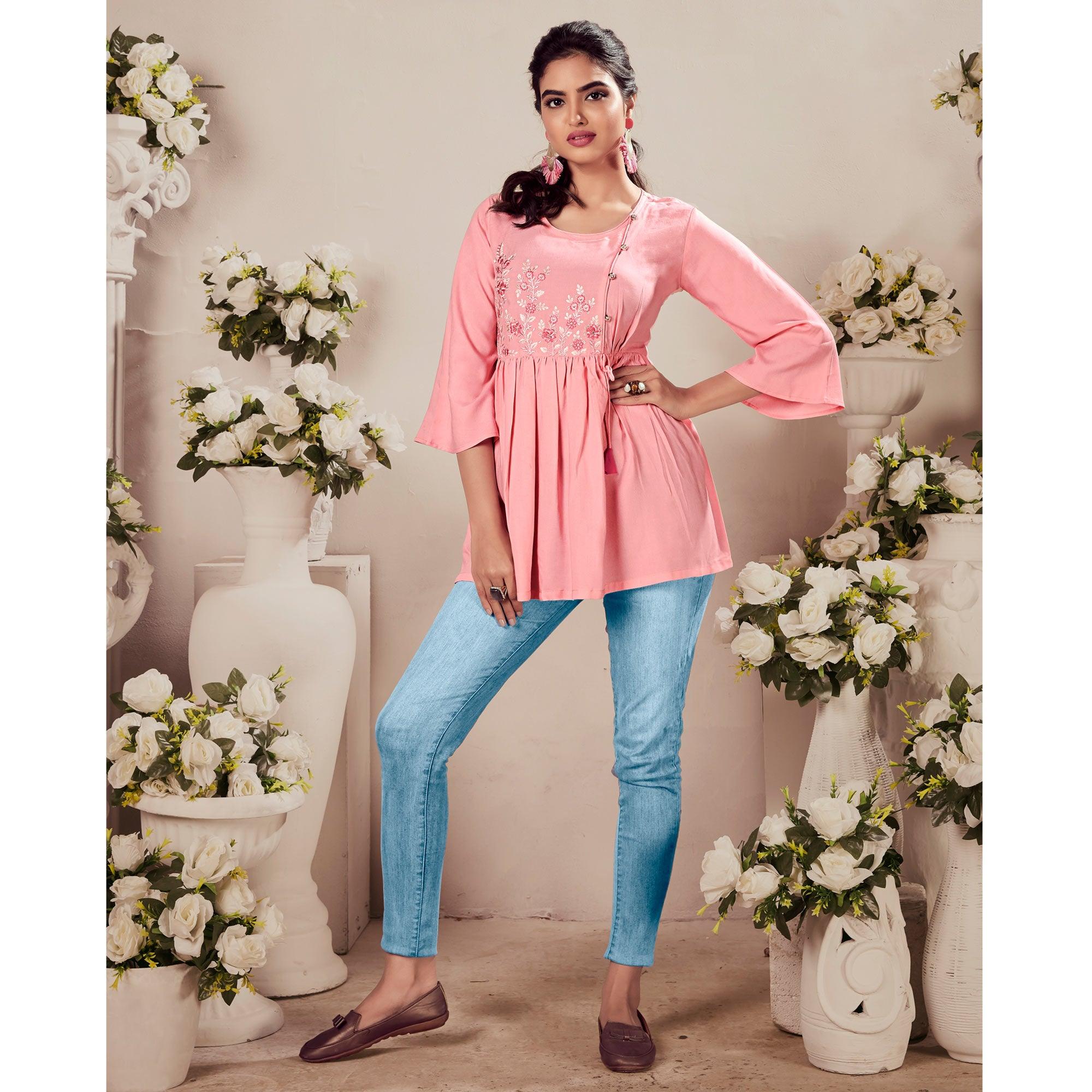 Pink Casual Wear Floral Embroidered Rayon Top - Peachmode