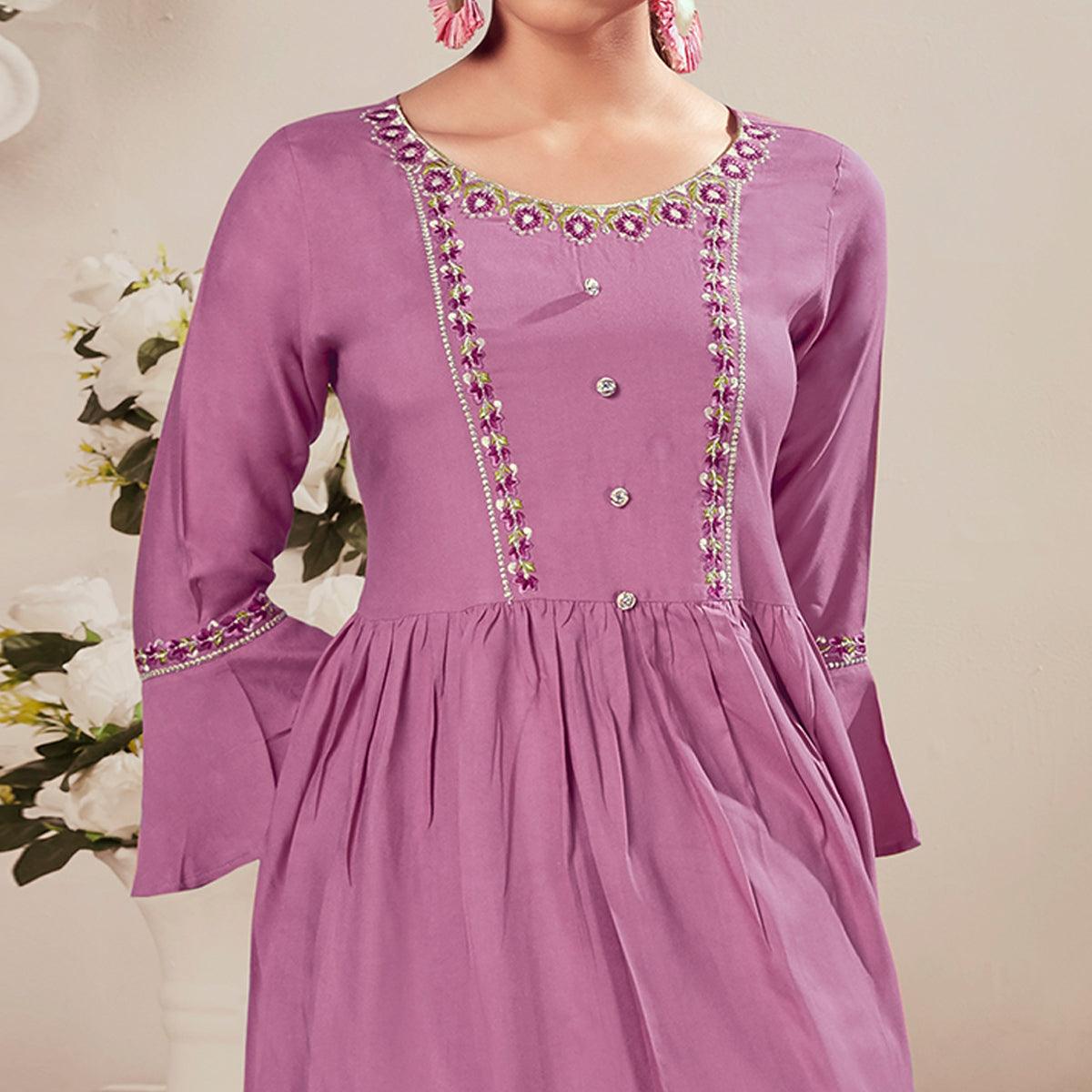 Pink Casual Wear Floral Embroidered Rayon Top - Peachmode