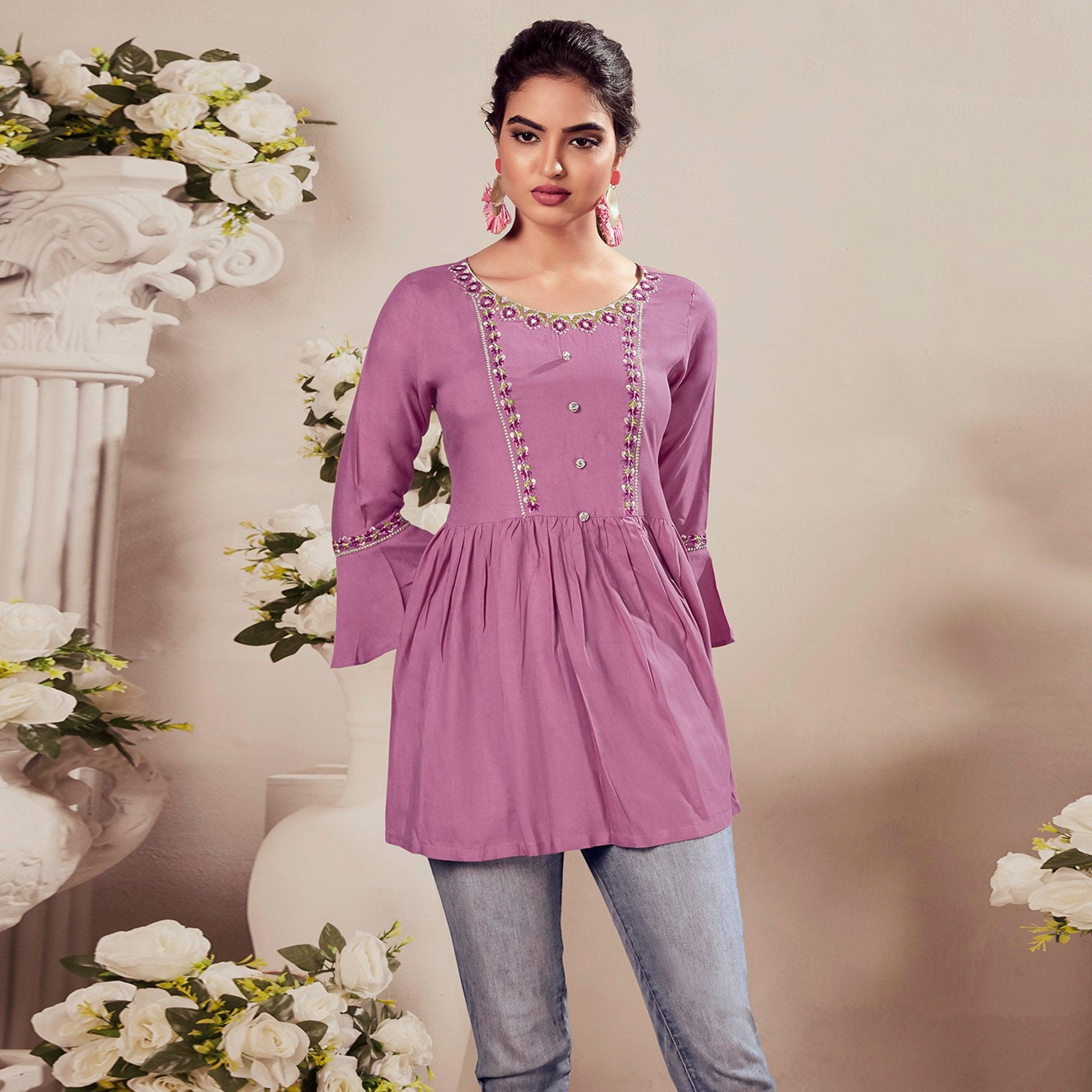 Pink Casual Wear Floral Embroidered Rayon Top - Peachmode