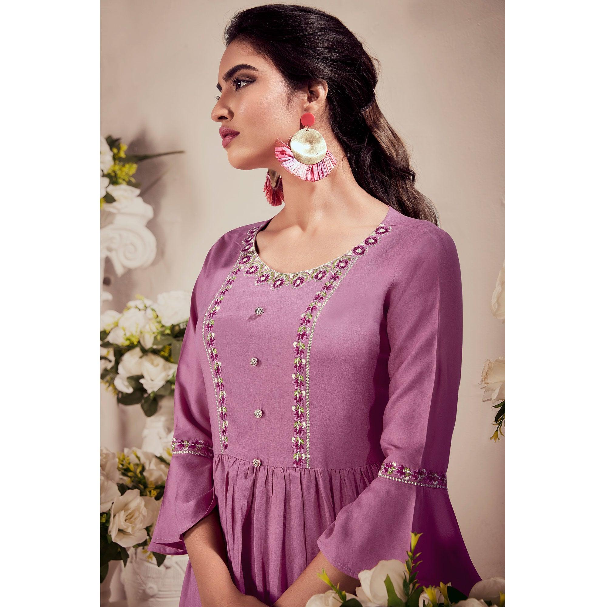 Pink Casual Wear Floral Embroidered Rayon Top - Peachmode