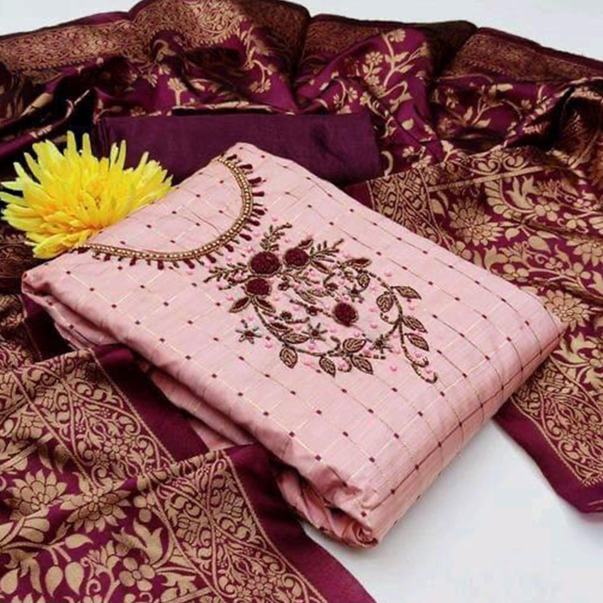 Pink Casual Wear Floral Embroidered With Checks Banarasi Silk Dress Material - Peachmode