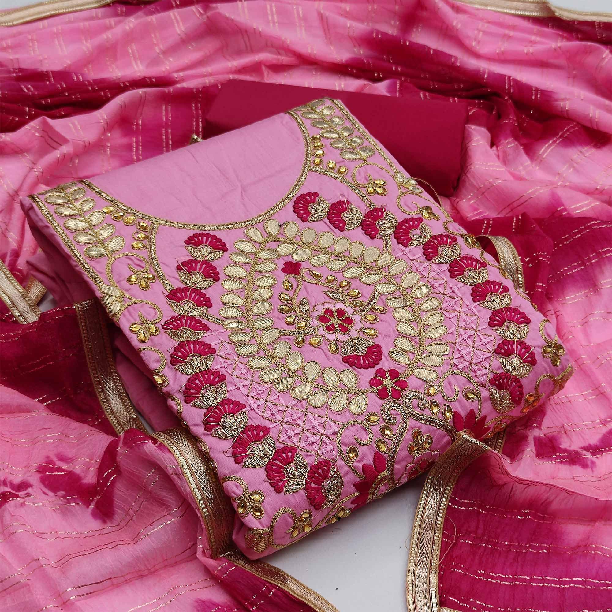 Pink Casual Wear Floral Embroidery With Hand Work Cotton Dress Material - Peachmode