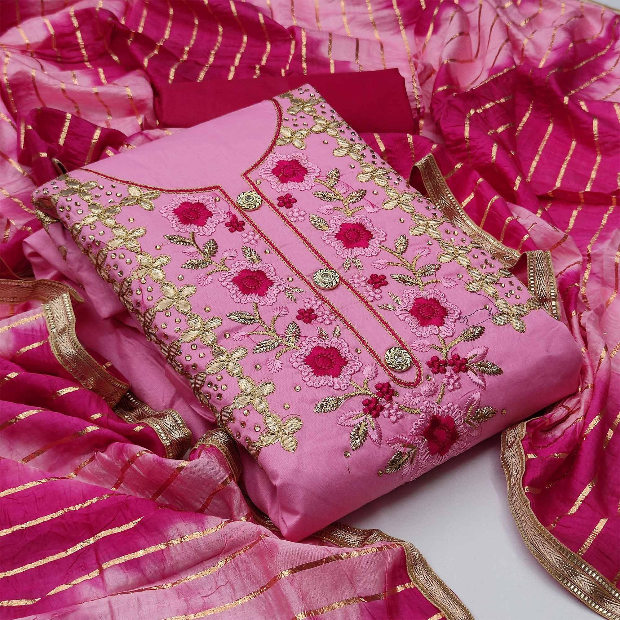 Pink Casual Wear Floral Embroidery With Hand Work Cotton Dress Material - Peachmode