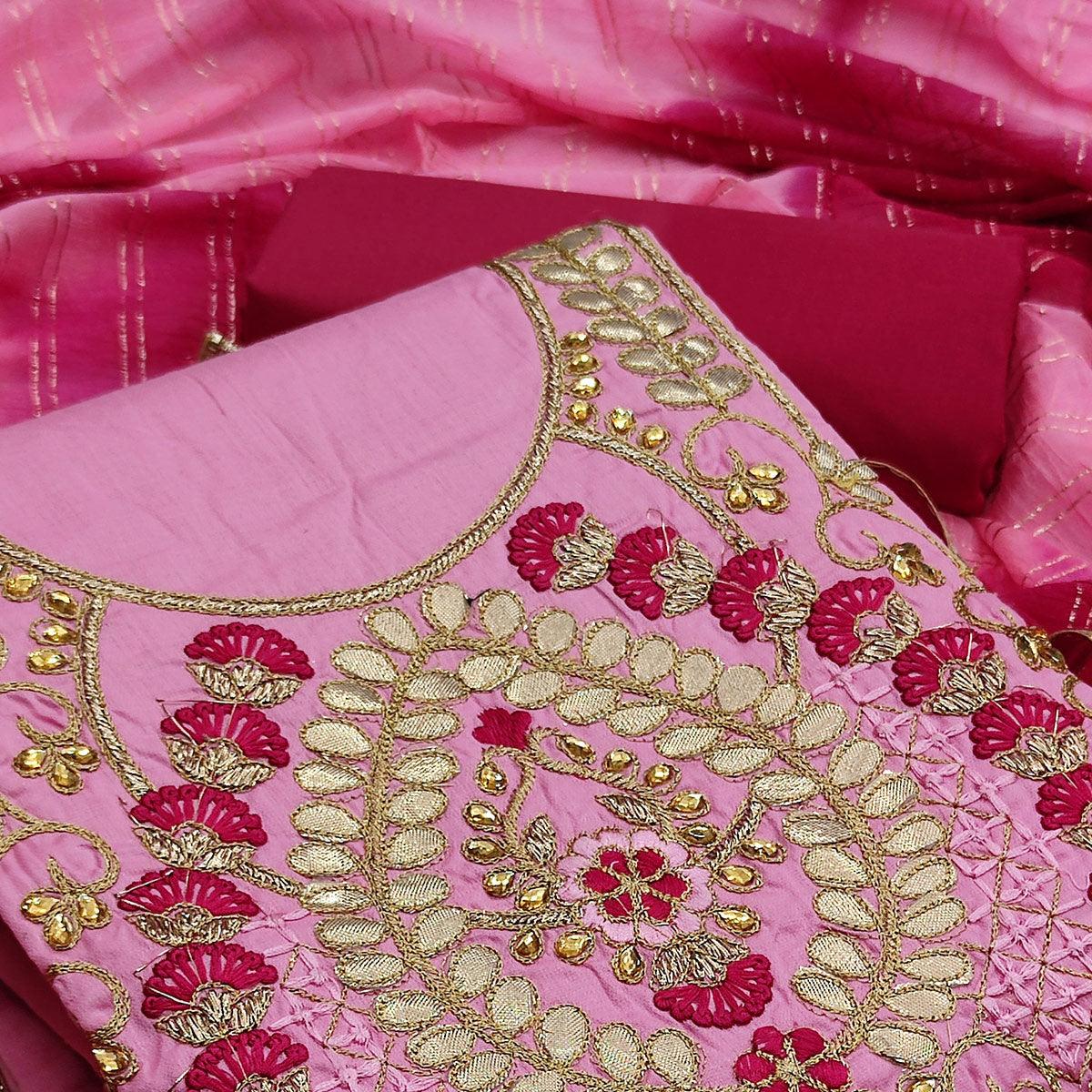 Pink Casual Wear Floral Embroidery With Hand Work Cotton Dress Material - Peachmode