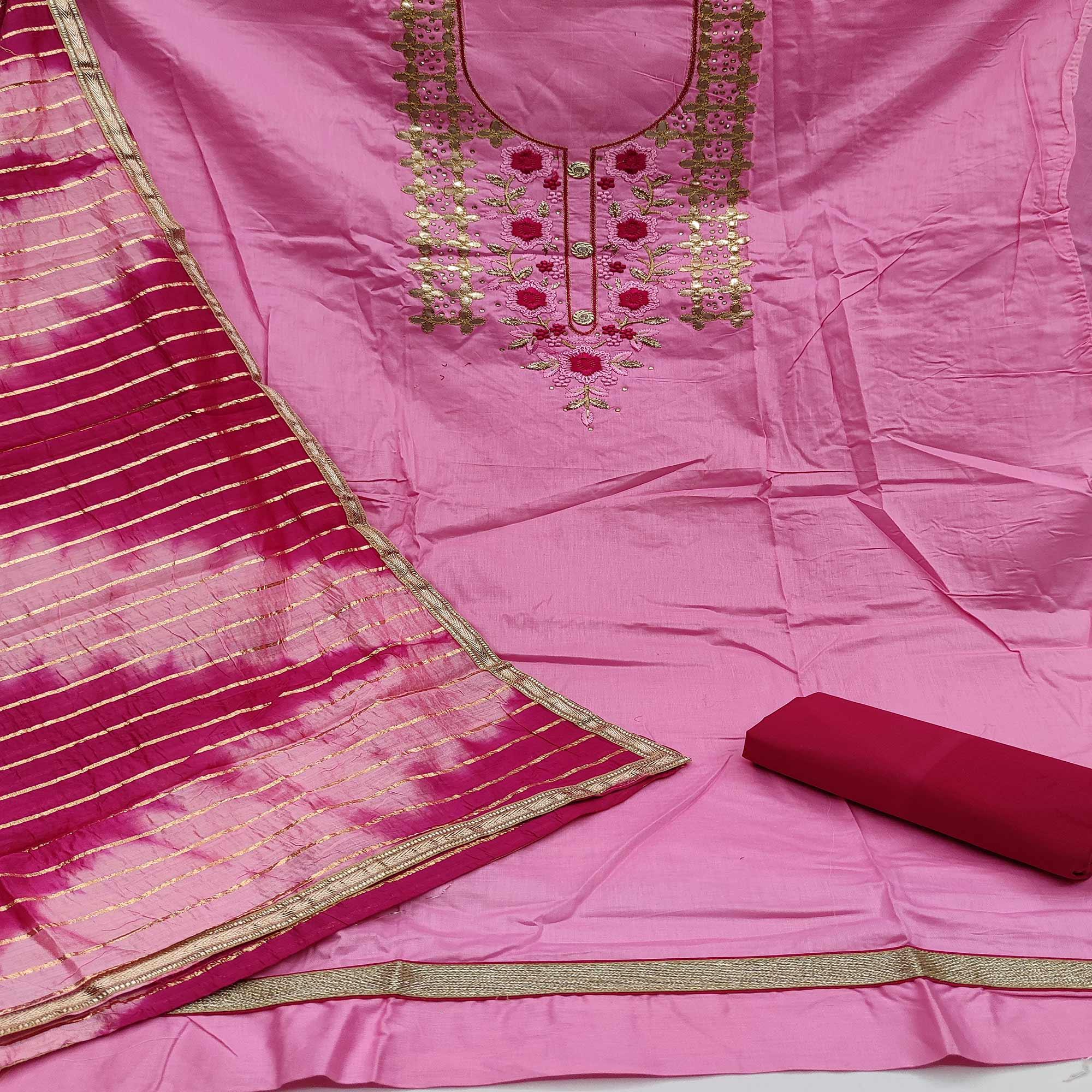 Pink Casual Wear Floral Embroidery With Hand Work Cotton Dress Material - Peachmode