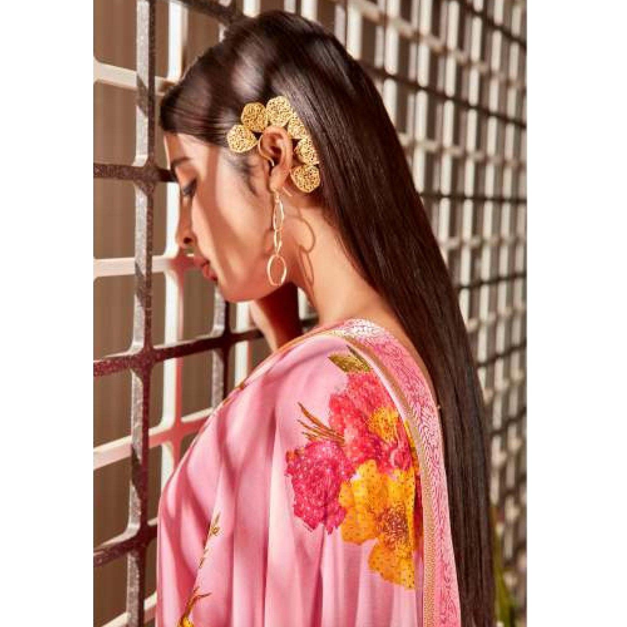 Pink Casual Wear Floral Foil Printed Pure Georgette Saree - Peachmode