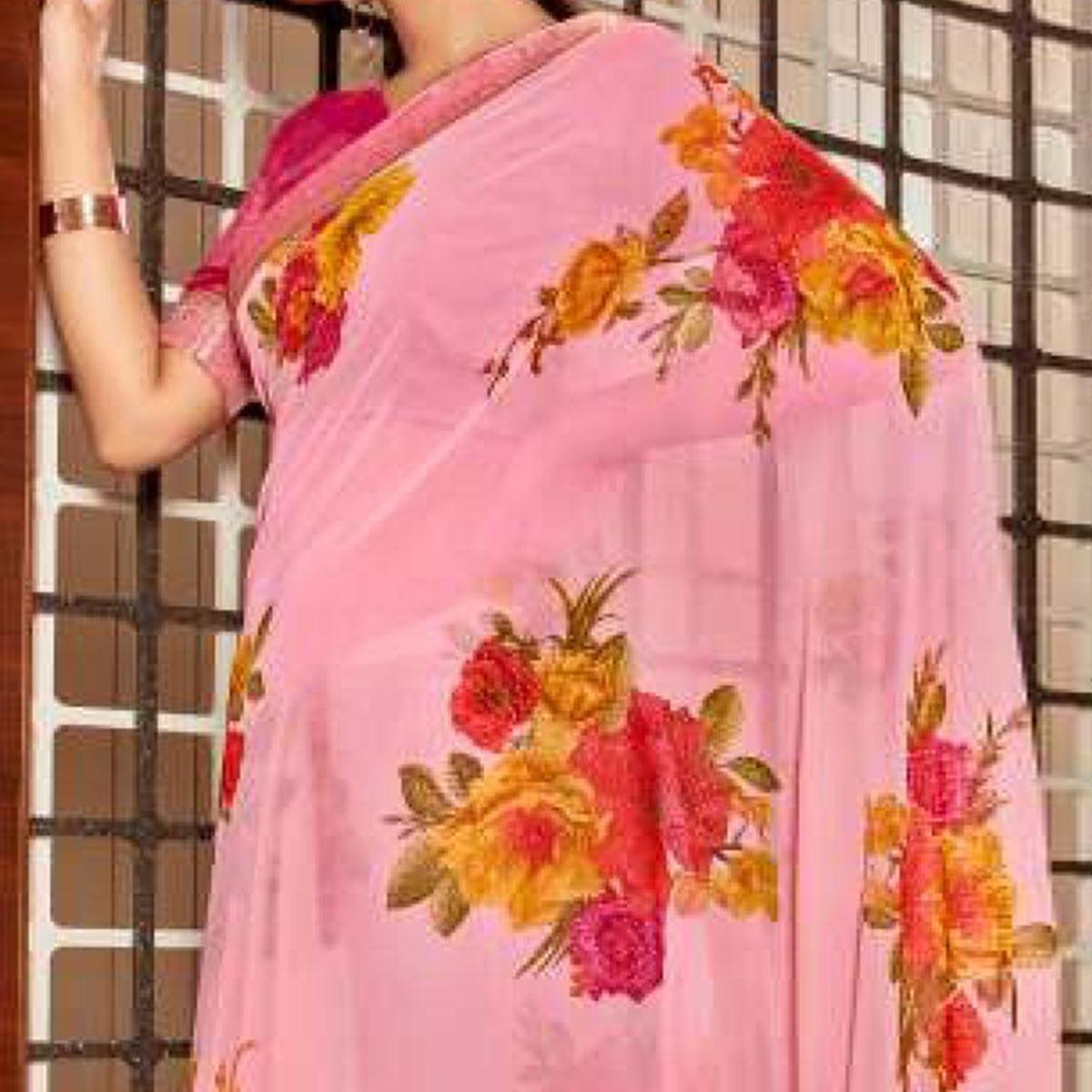 Pink Casual Wear Floral Foil Printed Pure Georgette Saree - Peachmode