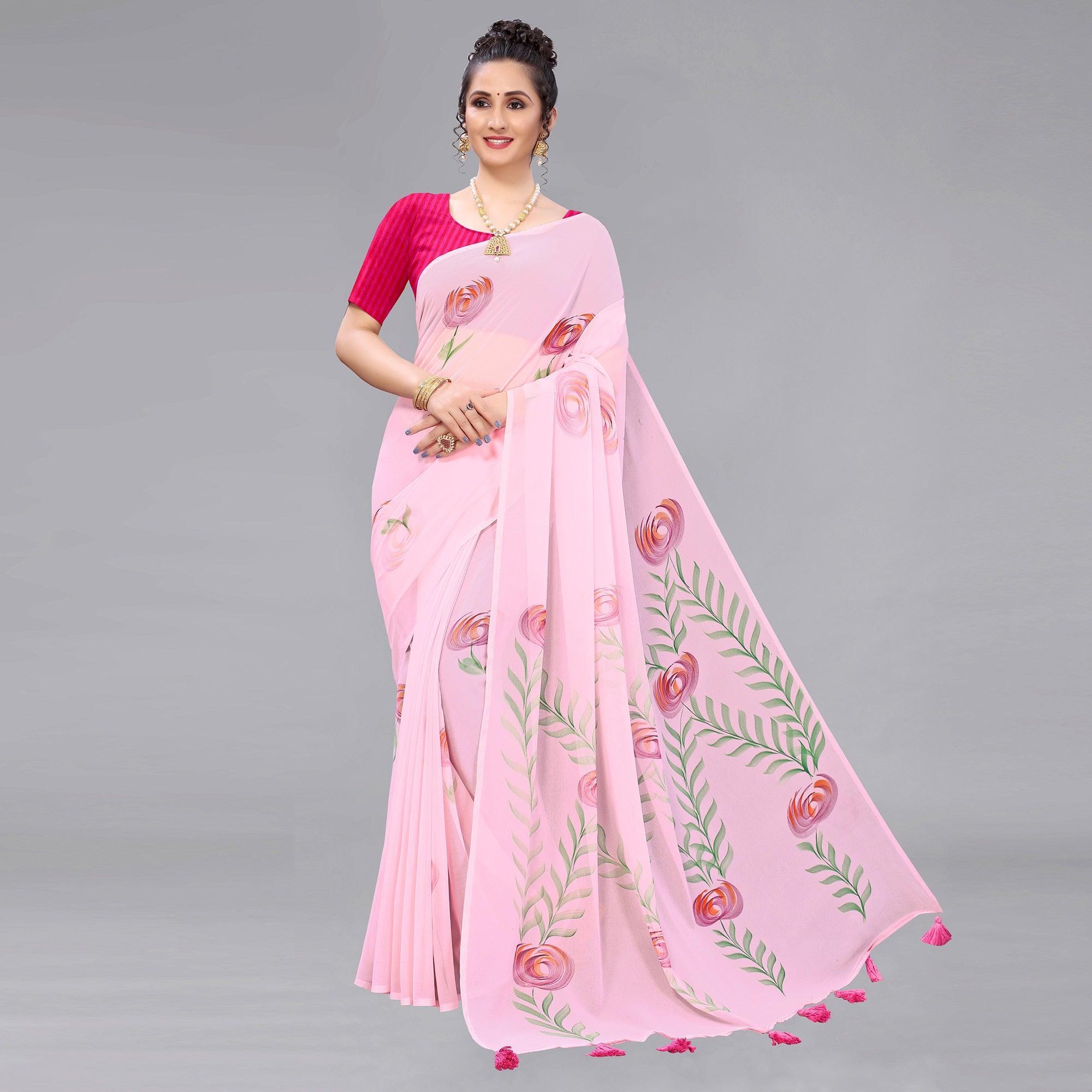 Pink Casual Wear Floral Hand Printed Georgette Saree - Peachmode