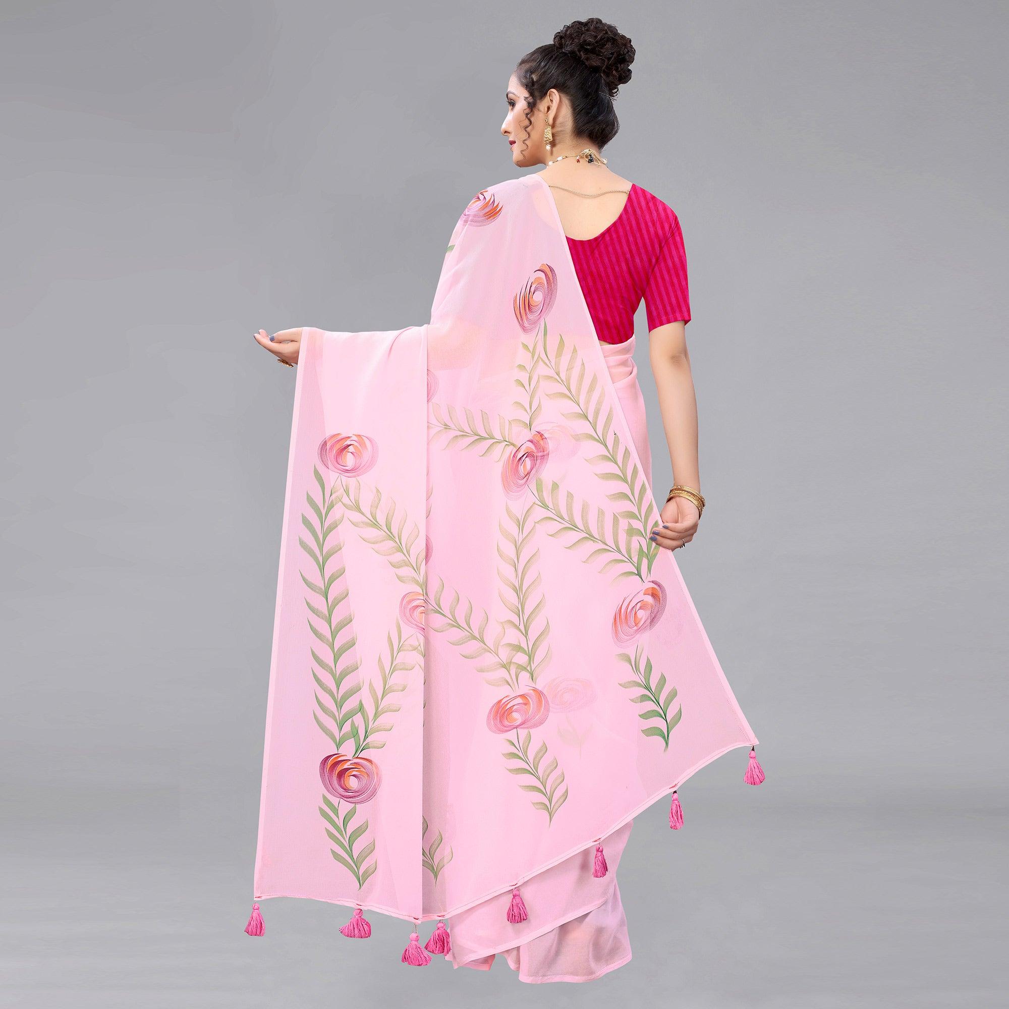 Pink Casual Wear Floral Hand Printed Georgette Saree - Peachmode