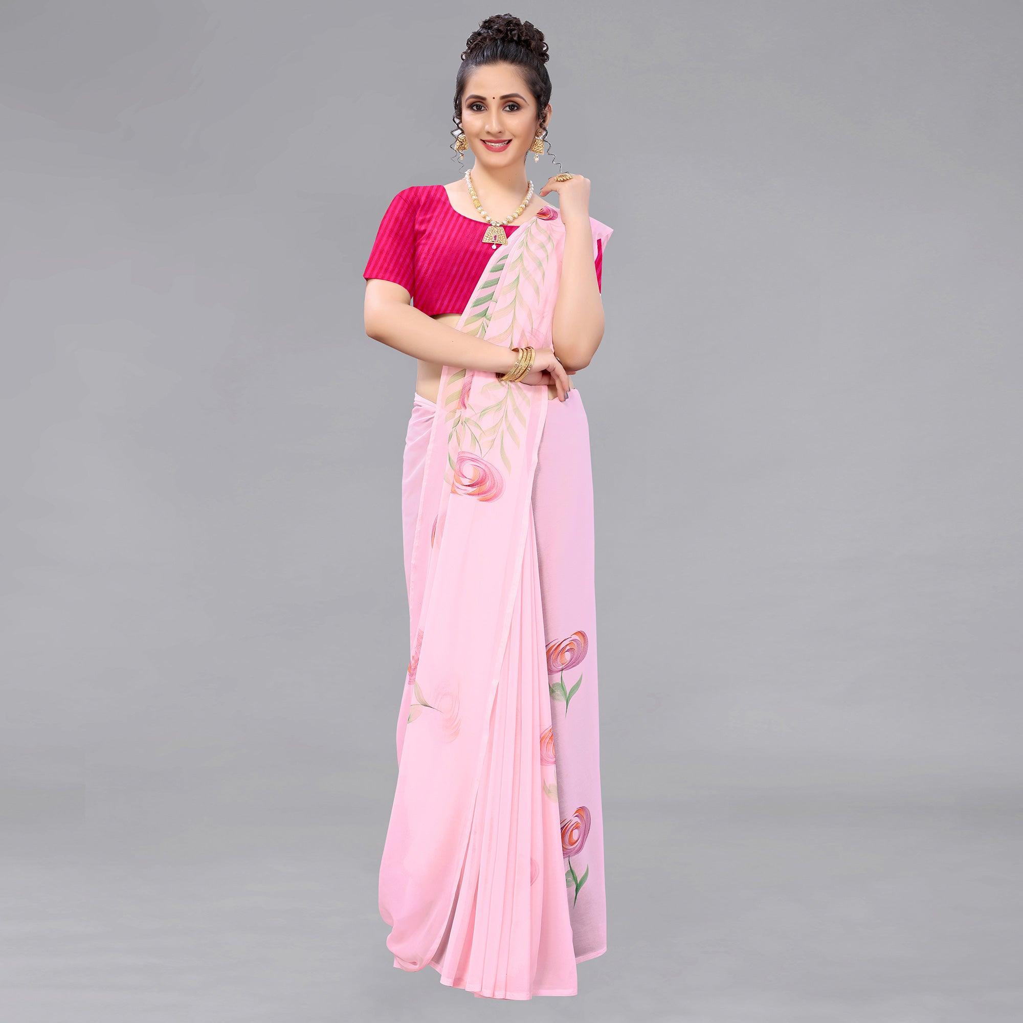 Pink Casual Wear Floral Hand Printed Georgette Saree - Peachmode