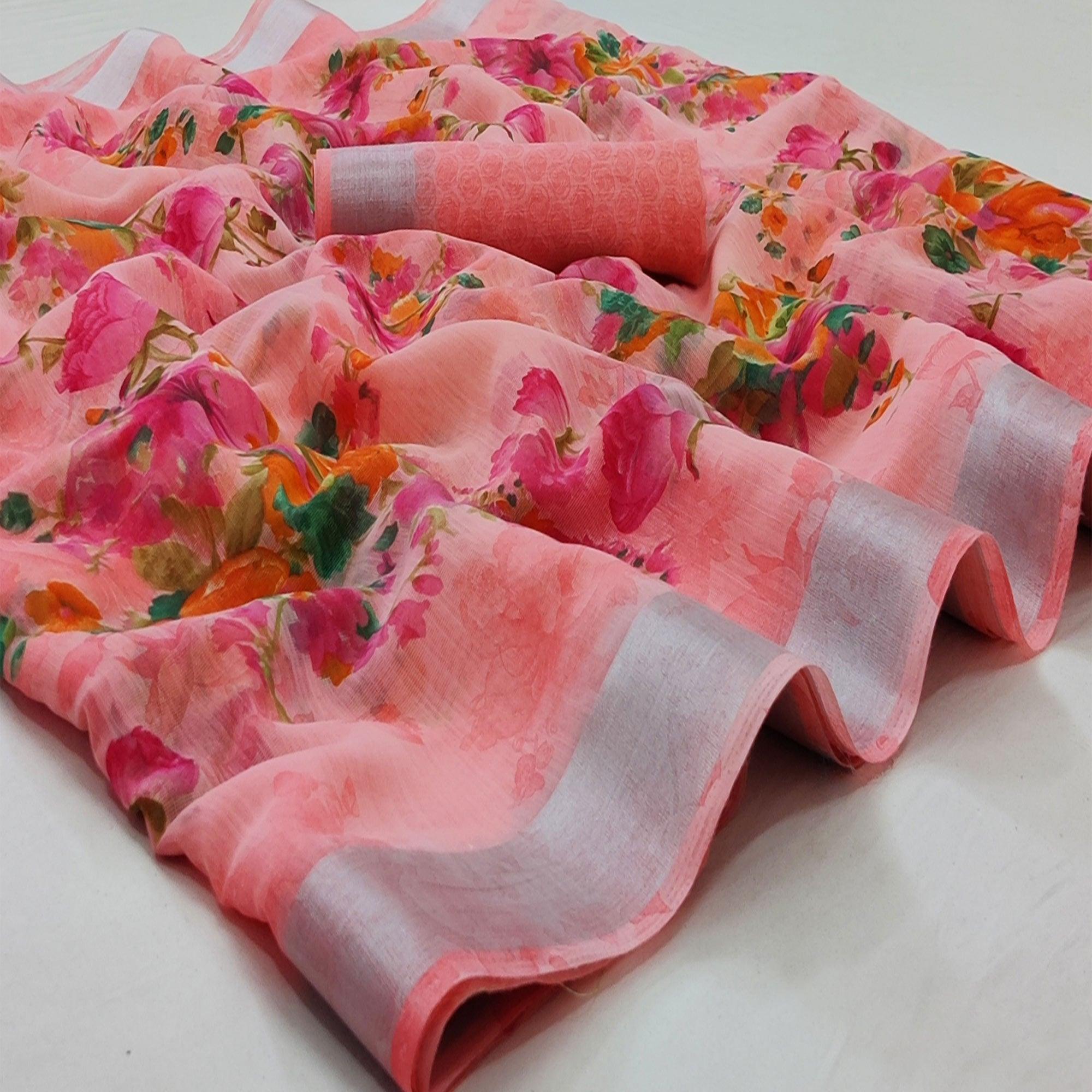 Pink Casual Wear Floral Mill Printed Cotton Saree With Zari Border - Peachmode