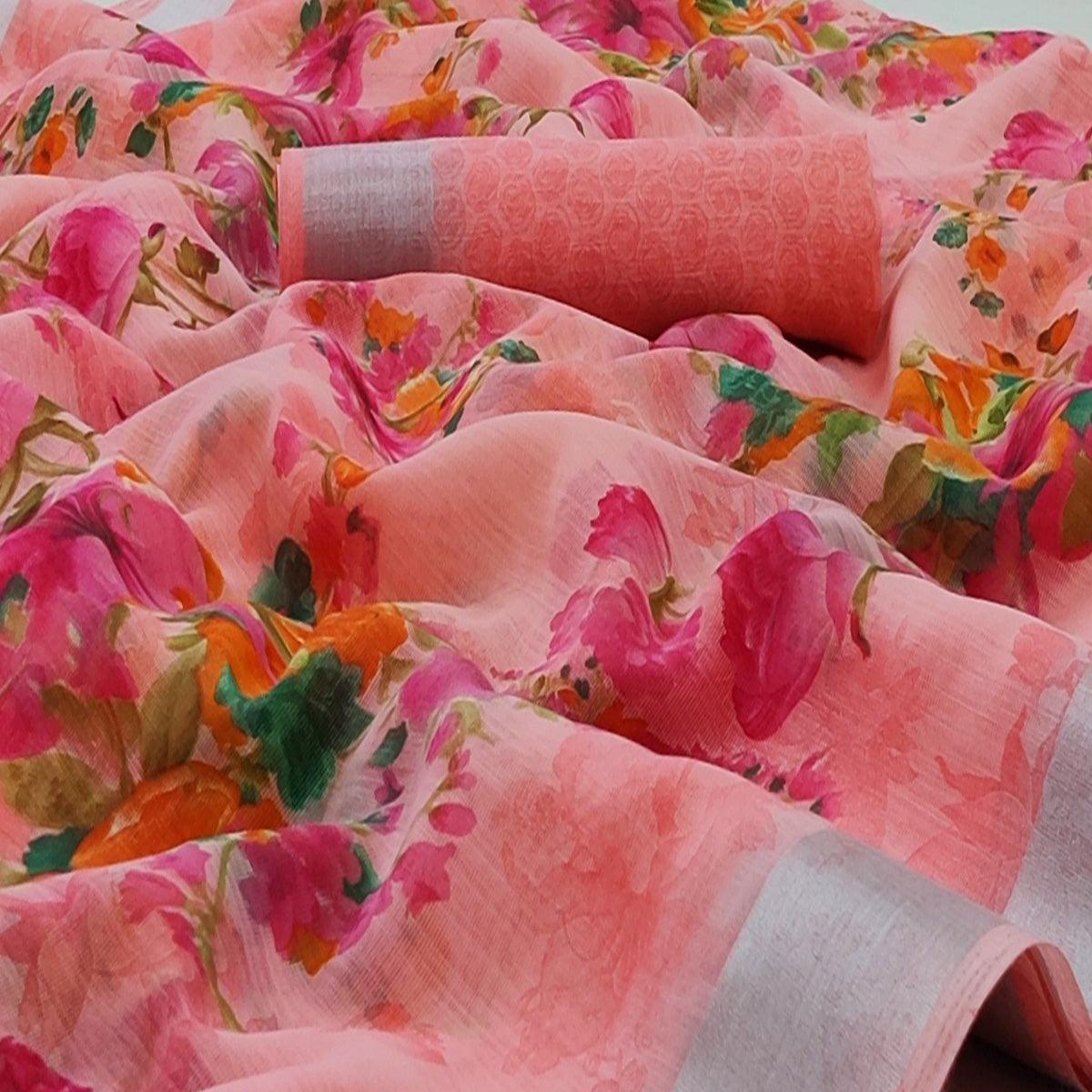 Pink Casual Wear Floral Mill Printed Cotton Saree With Zari Border - Peachmode