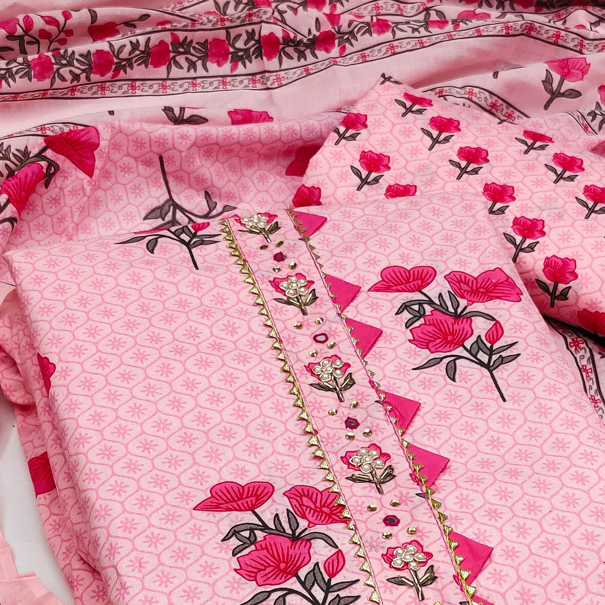 Pink Casual Wear Floral Print With Embellished Cotton Dress Material - Peachmode