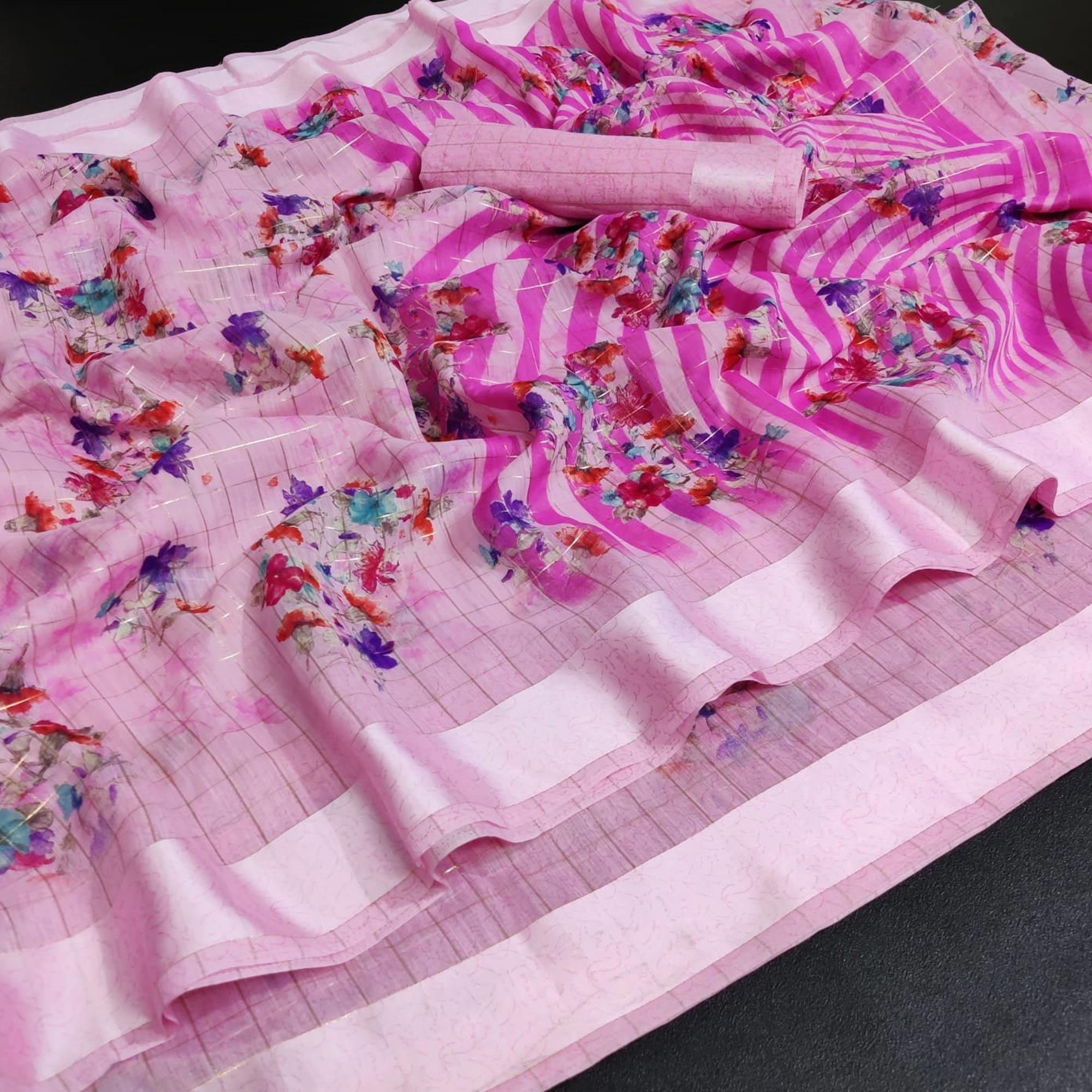 Pink Casual Wear Floral Print With Zari Checks Cotton Saree - Peachmode