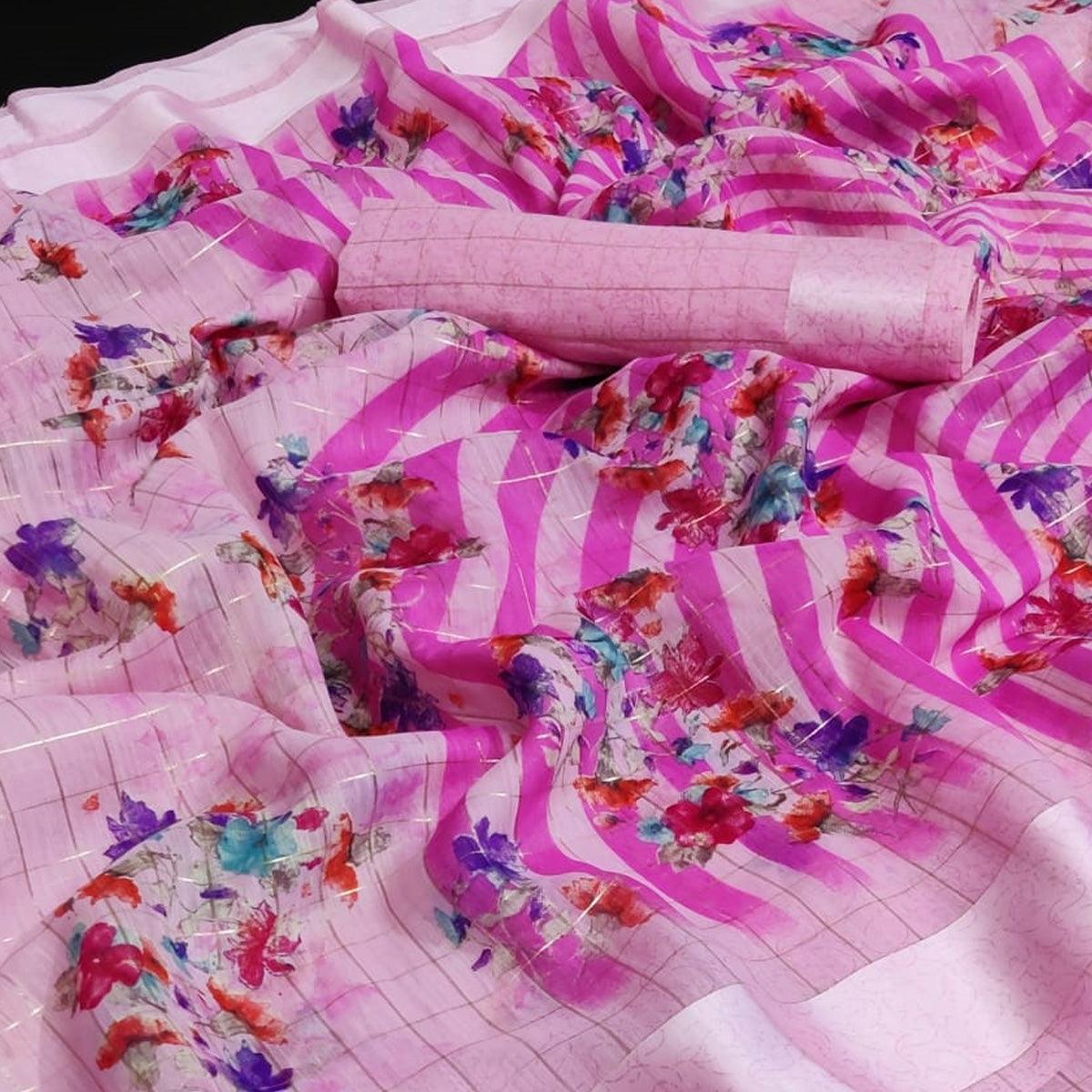 Pink Casual Wear Floral Print With Zari Checks Cotton Saree - Peachmode