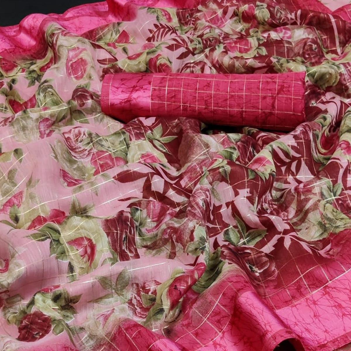 Pink Casual Wear Floral Print With Zari Checks Cotton Saree - Peachmode
