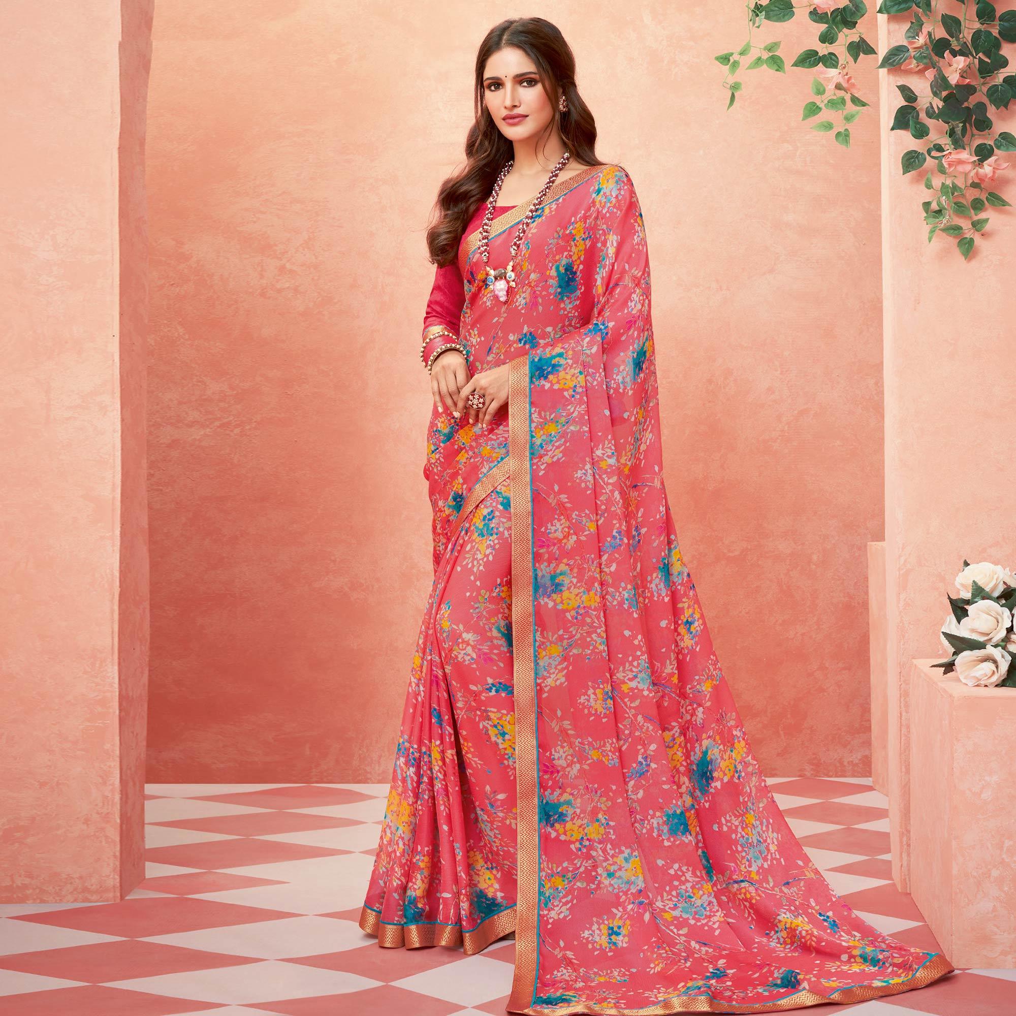 Pink Casual Wear Floral Printed Chiffon-Banarsi Saree With Banarasi Border - Peachmode