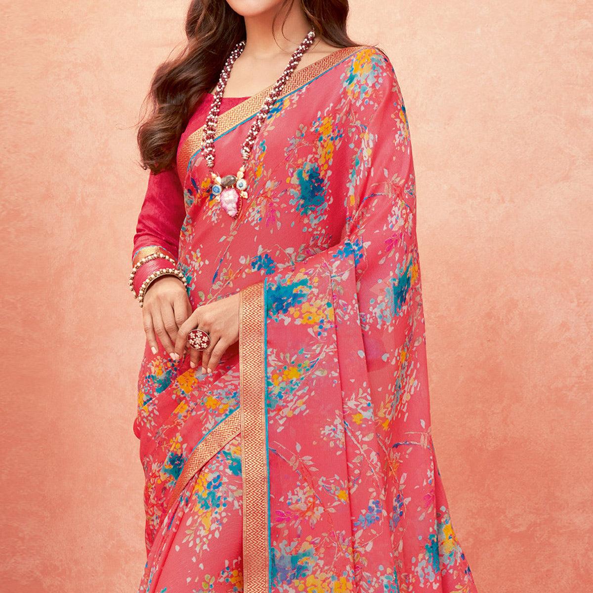 Pink Casual Wear Floral Printed Chiffon-Banarsi Saree With Banarasi Border - Peachmode