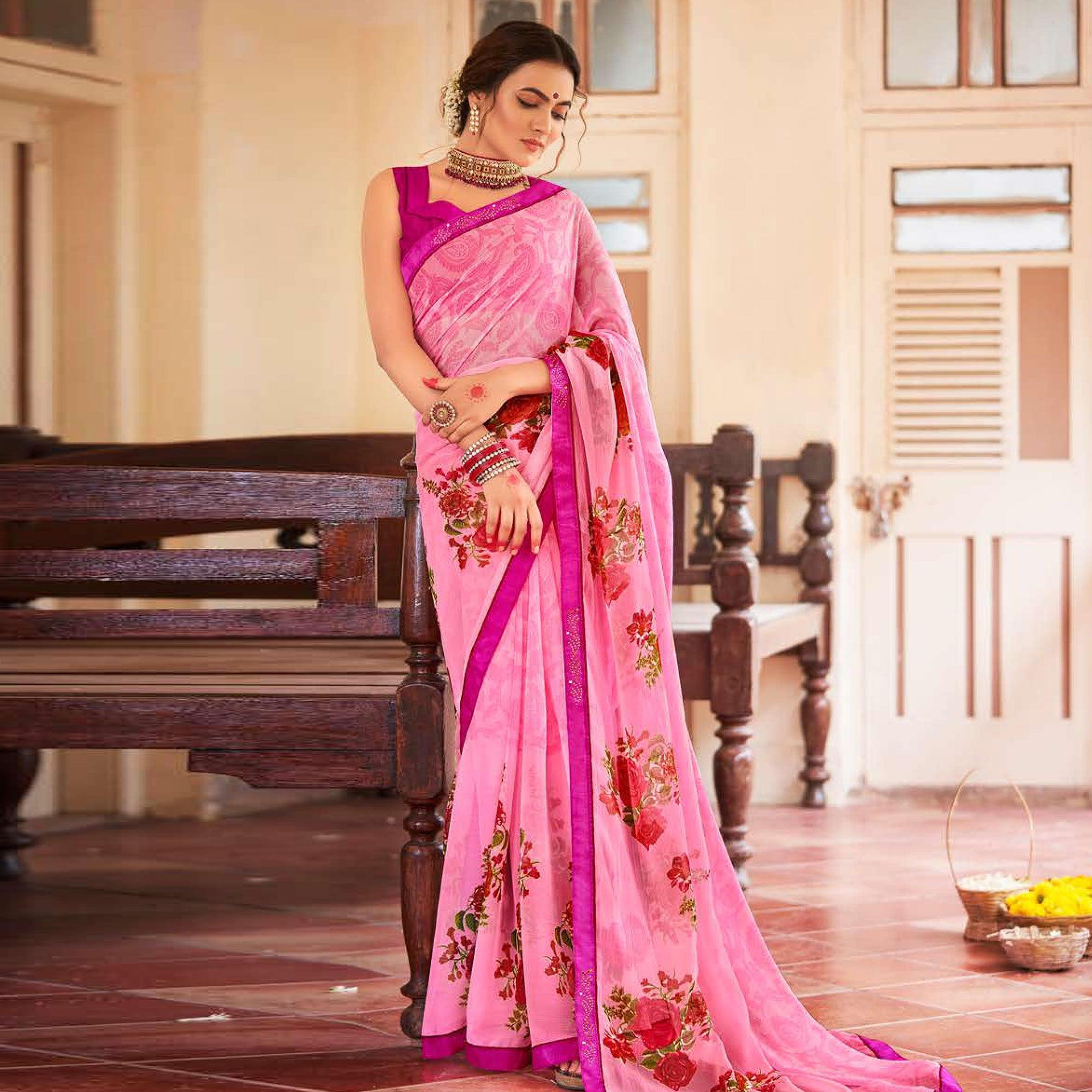 Pink Casual Wear Floral Printed Chiffon Saree - Peachmode