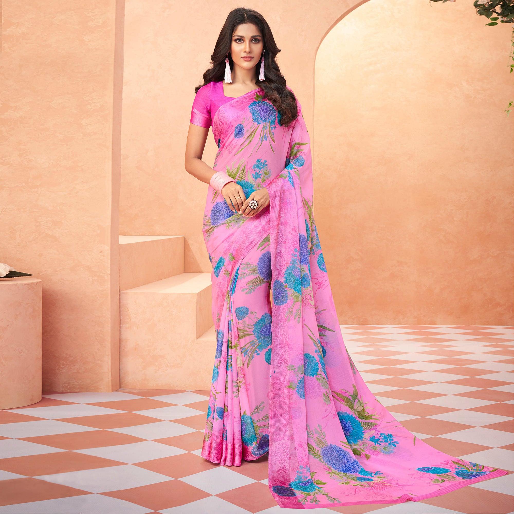 Pink Casual Wear Floral Printed Chiffon Saree - Peachmode