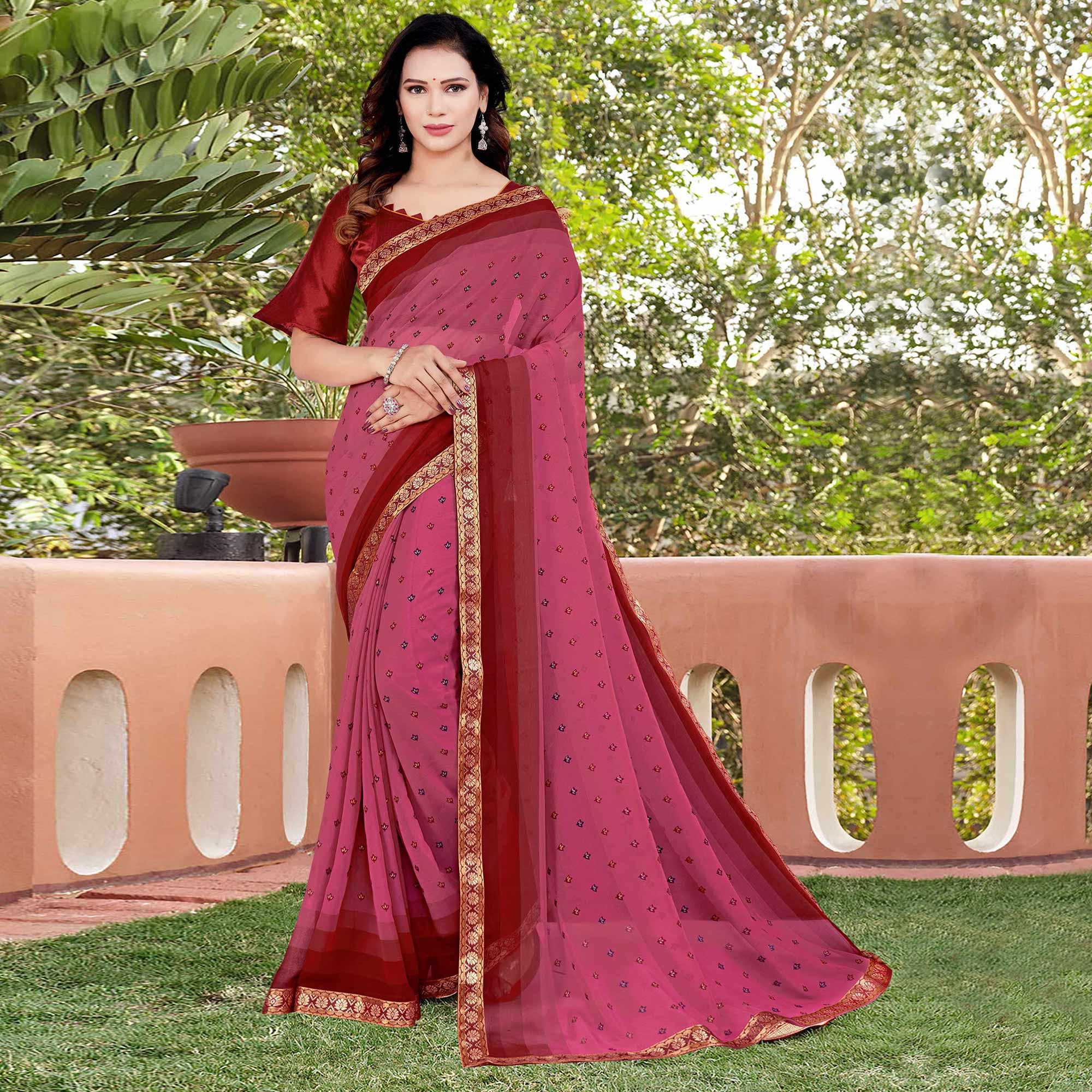 Pink Casual Wear Floral Printed Chiffon Saree - Peachmode