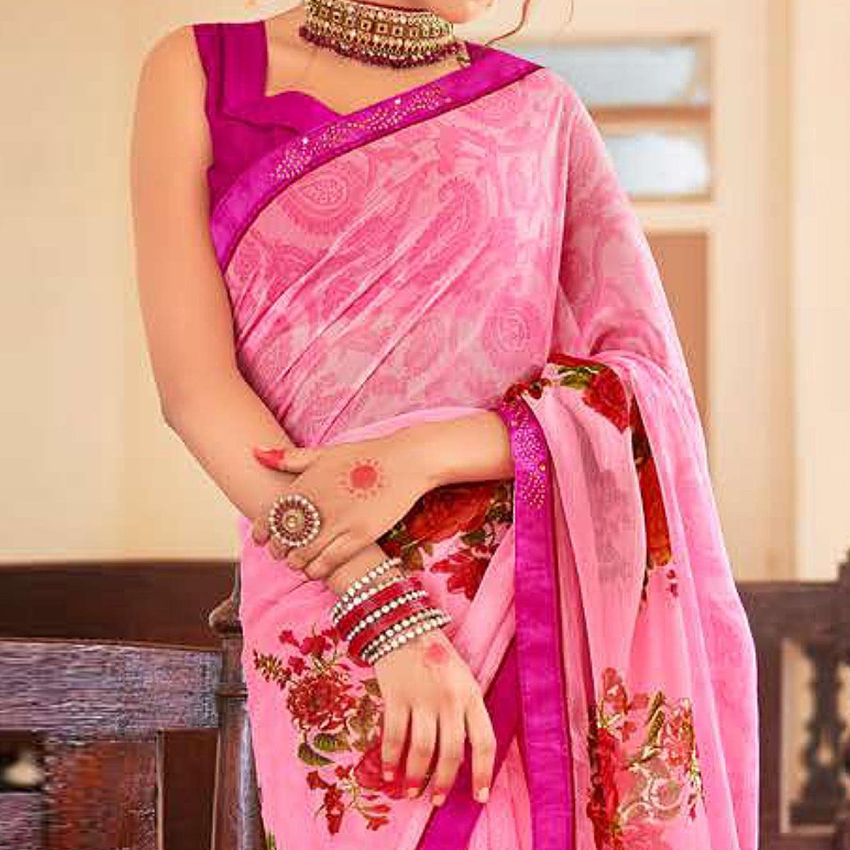 Pink Casual Wear Floral Printed Chiffon Saree - Peachmode