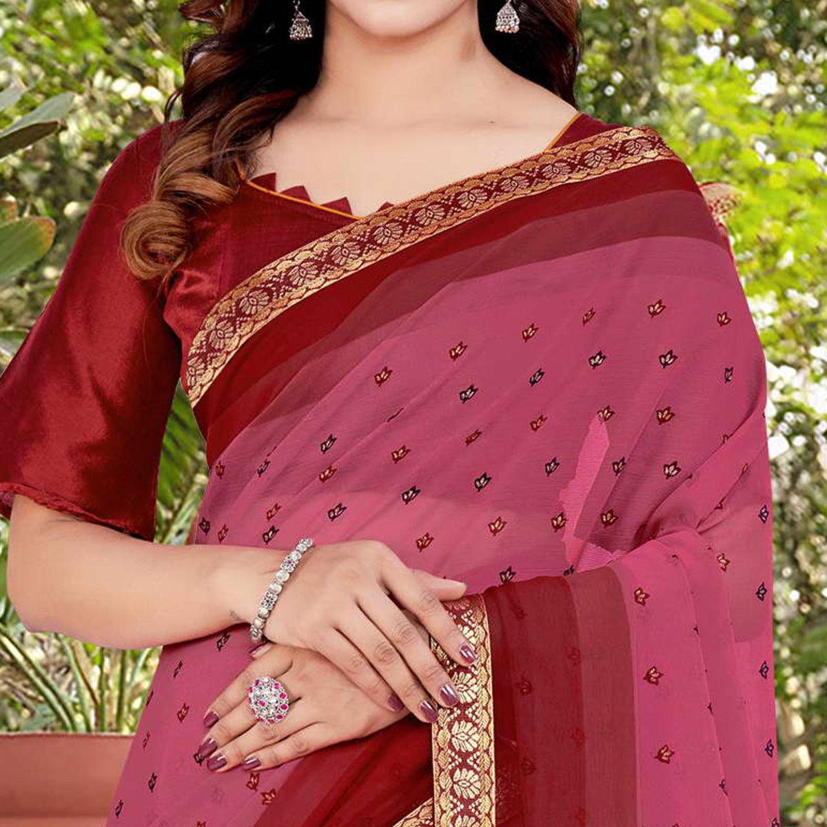 Pink Casual Wear Floral Printed Chiffon Saree - Peachmode