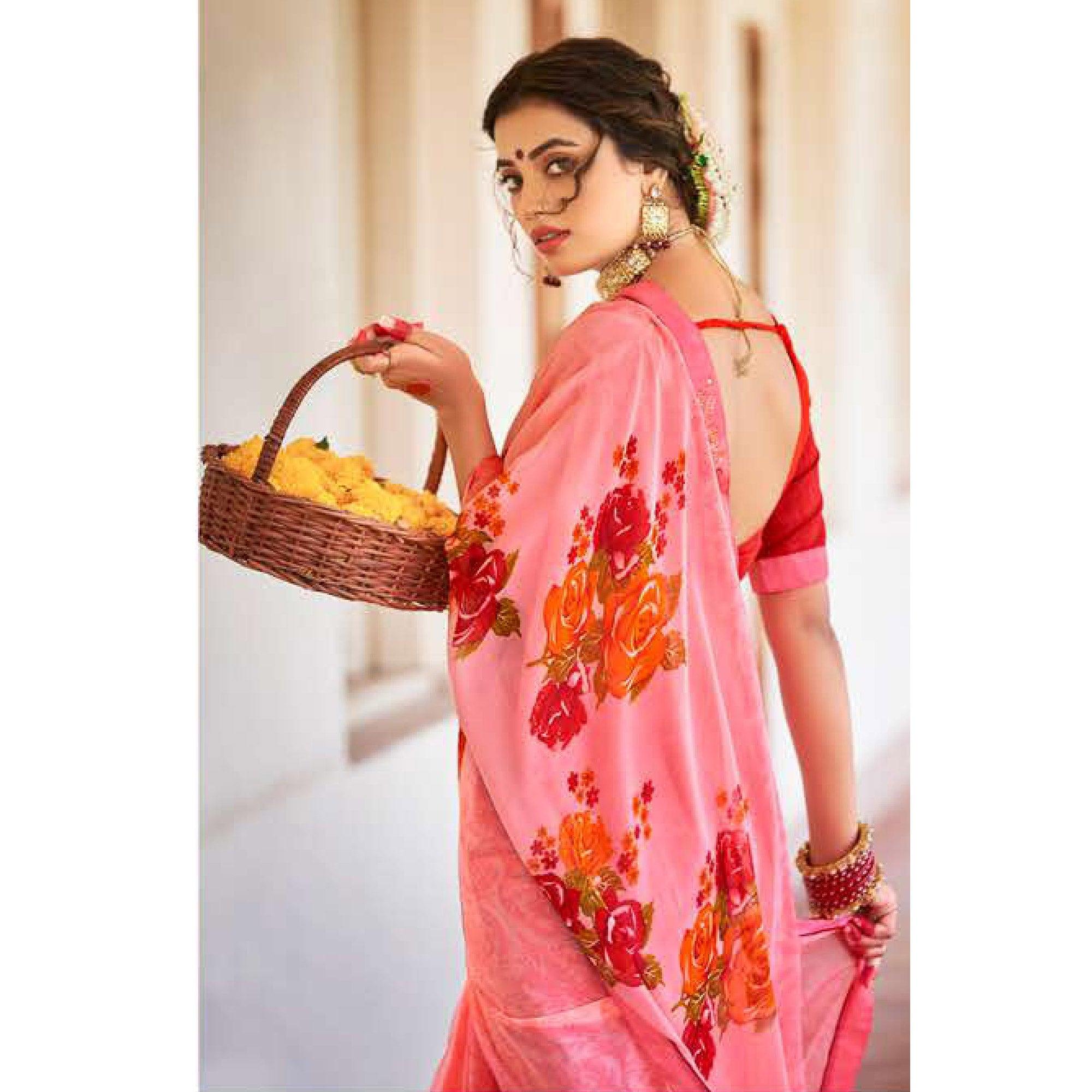 Pink Casual Wear Floral Printed Chiffon Saree - Peachmode