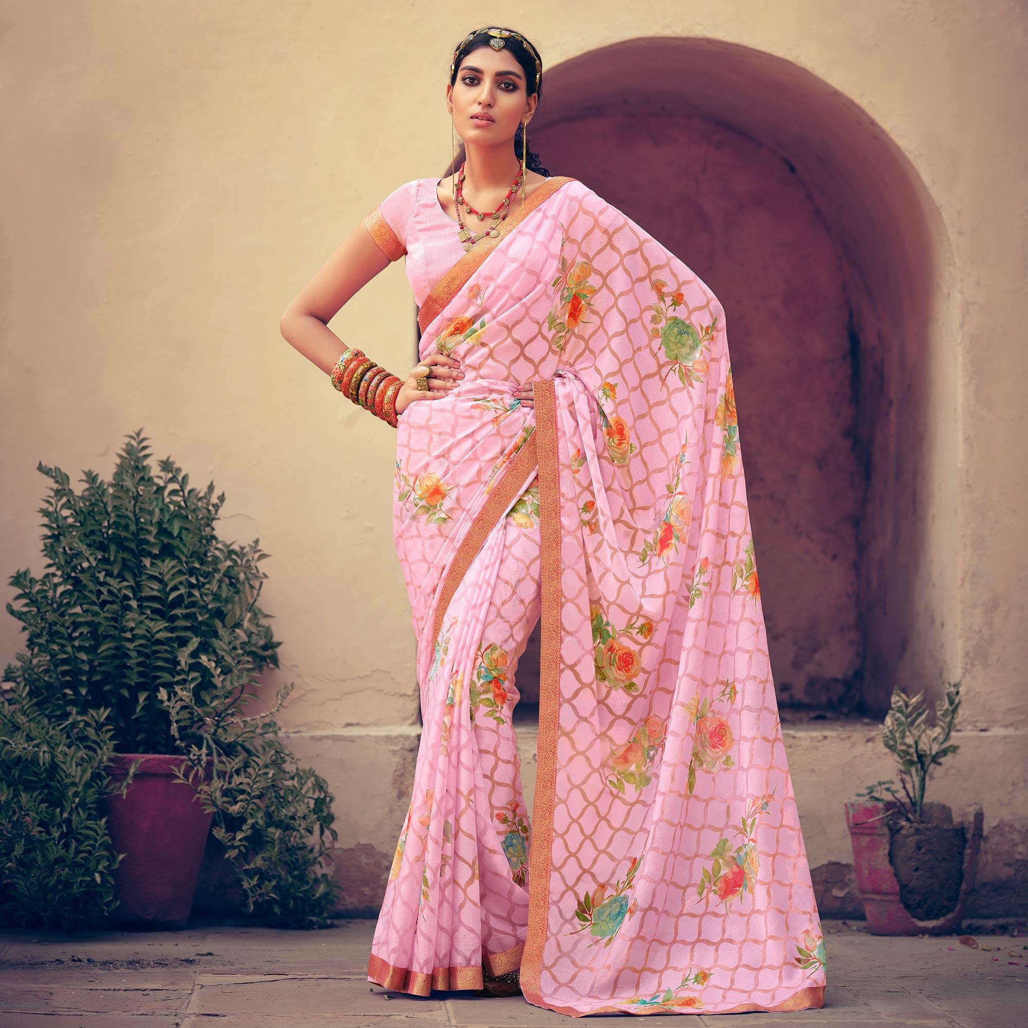 Pink Casual Wear Floral Printed Chiffon Saree With Fancy Lace - Peachmode