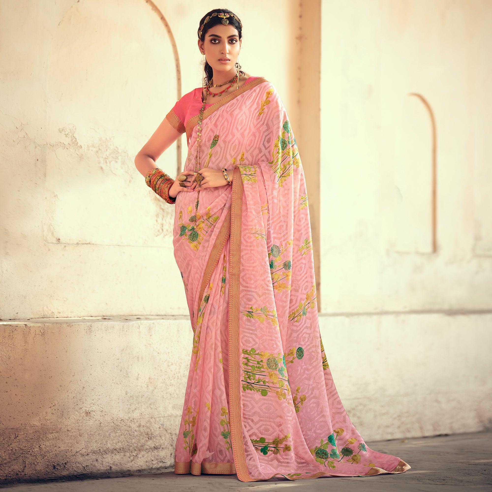 Pink Casual Wear Floral Printed Chiffon Saree With Fancy Lace - Peachmode