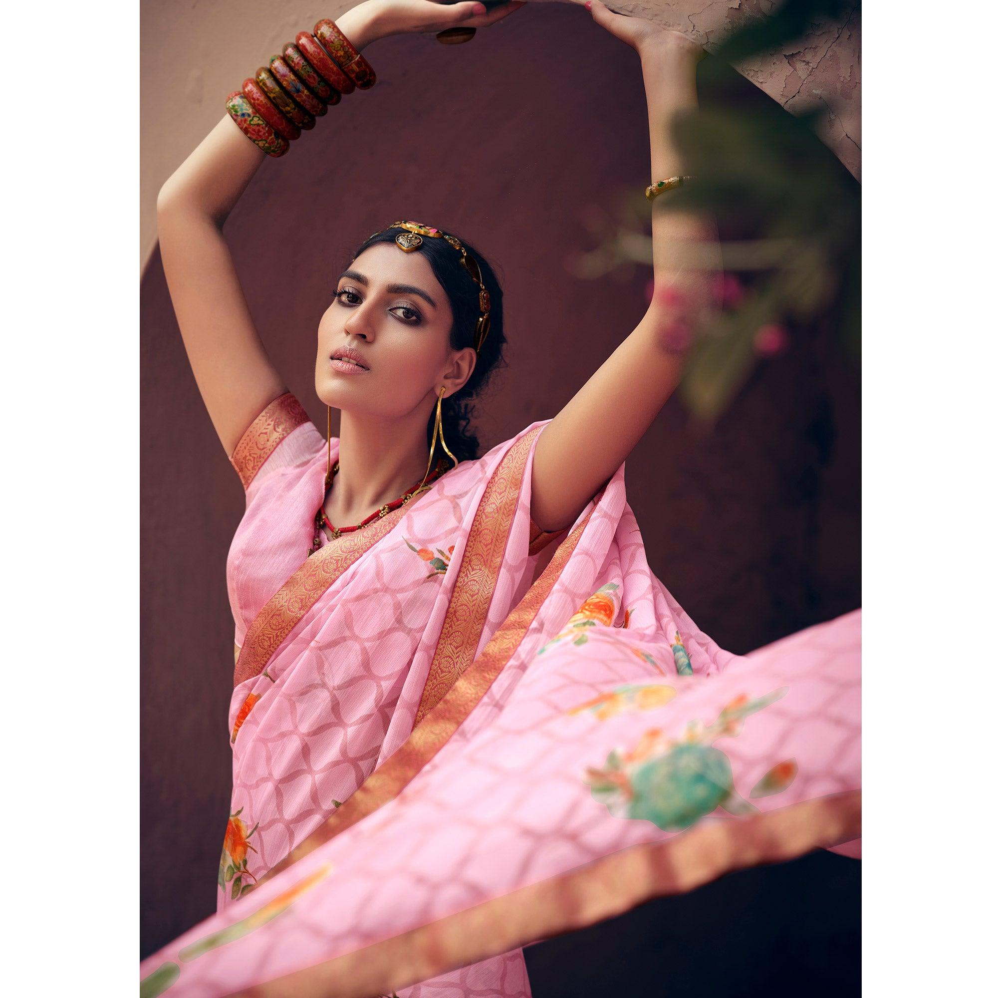 Pink Casual Wear Floral Printed Chiffon Saree With Fancy Lace - Peachmode