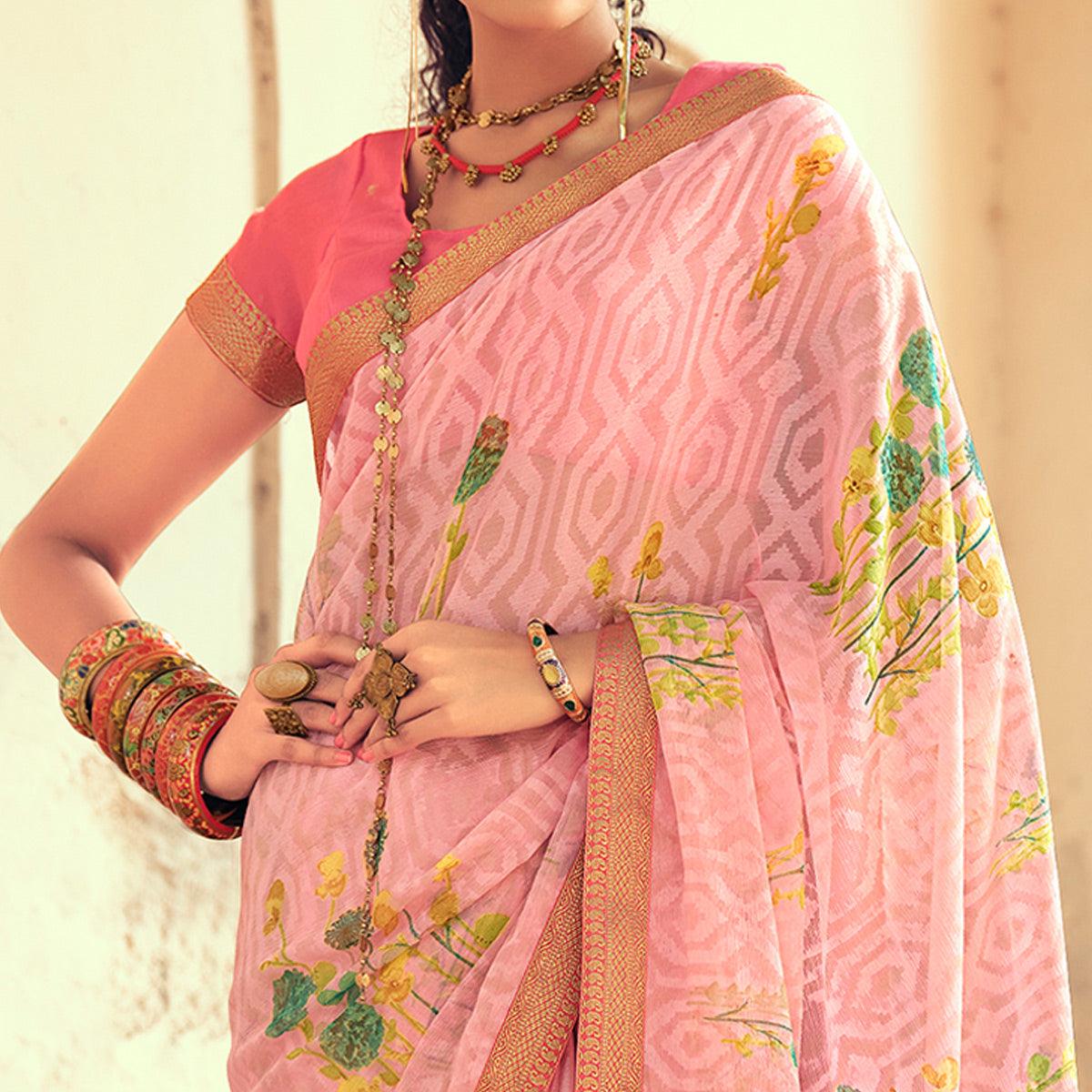 Pink Casual Wear Floral Printed Chiffon Saree With Fancy Lace - Peachmode