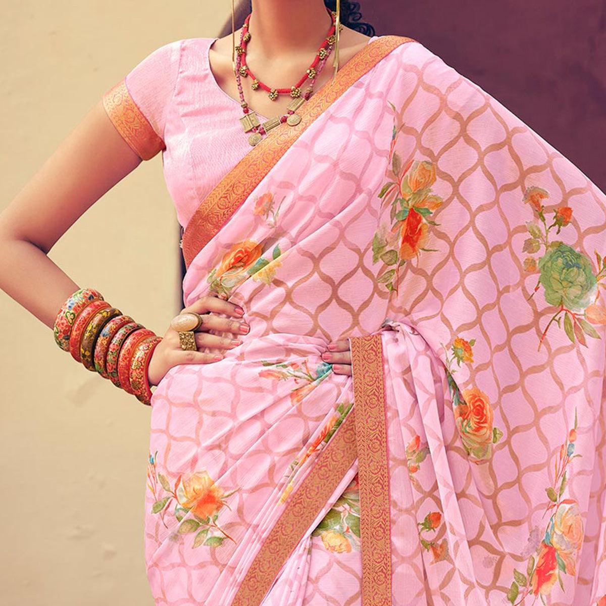 Pink Casual Wear Floral Printed Chiffon Saree With Fancy Lace - Peachmode