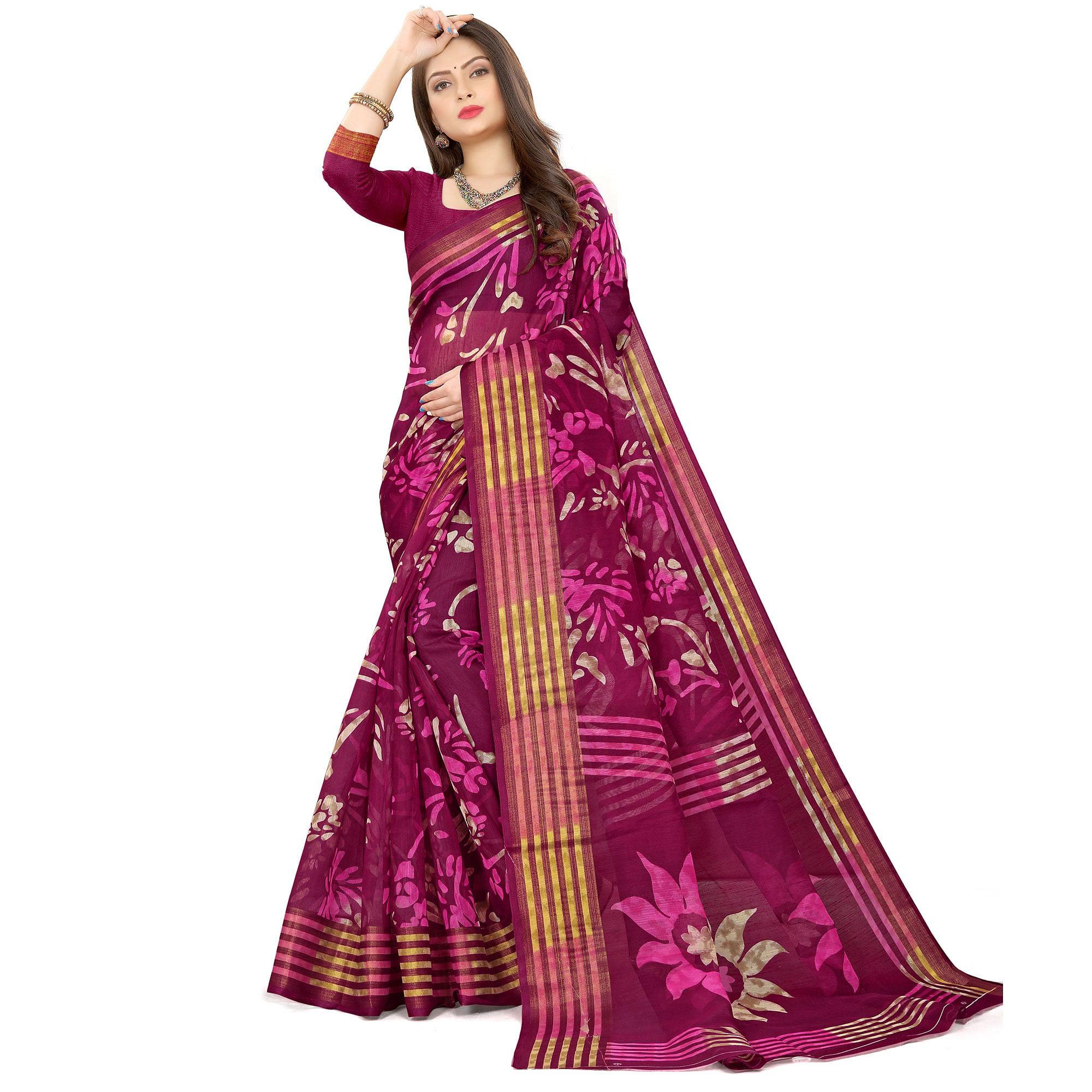 Pink Casual Wear Floral Printed Cotton Linen Saree - Peachmode