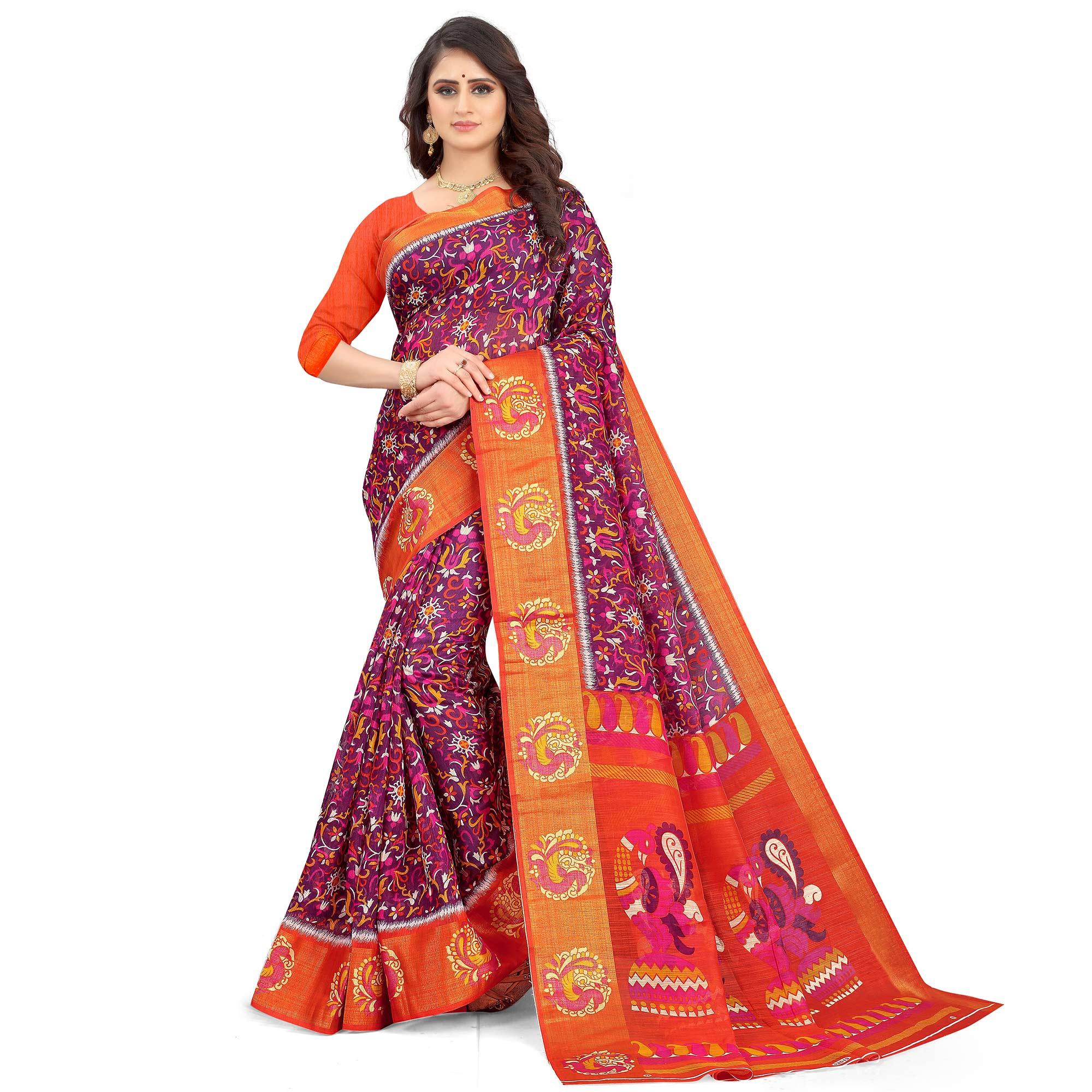 Pink Casual Wear Floral Printed Cotton Linen Saree - Peachmode
