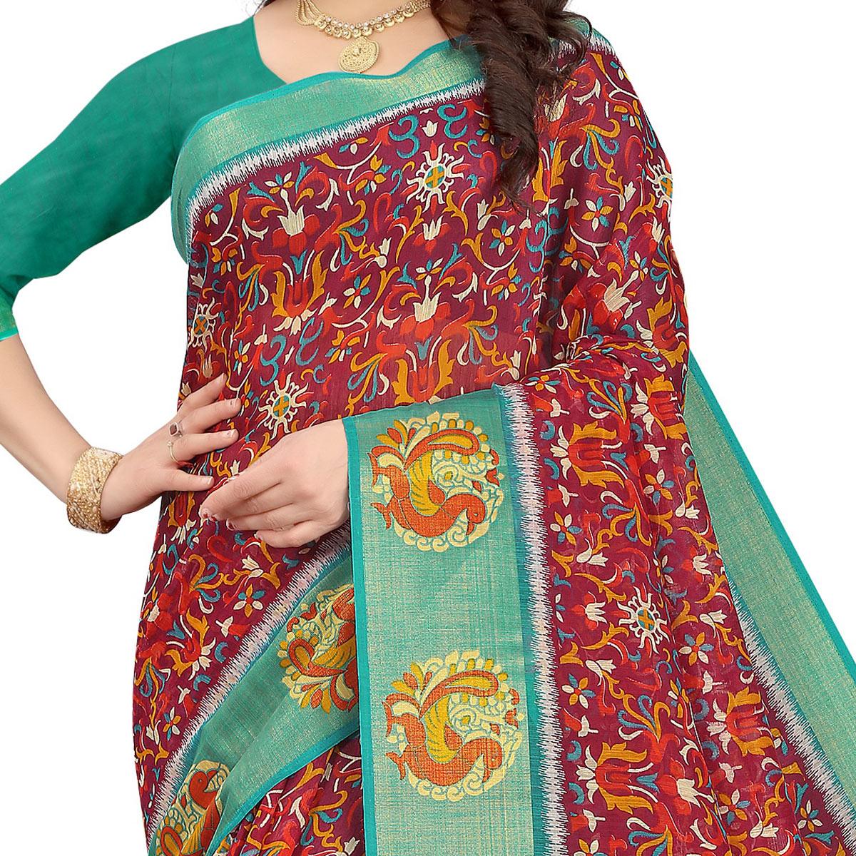 Pink Casual Wear Floral Printed Cotton Linen Saree - Peachmode