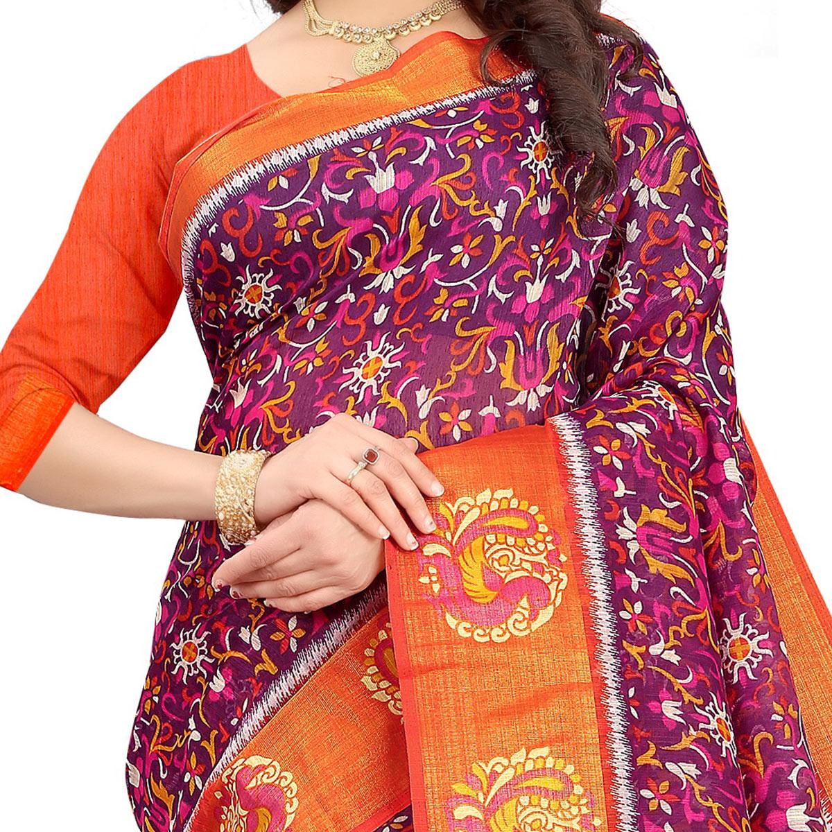 Pink Casual Wear Floral Printed Cotton Linen Saree - Peachmode