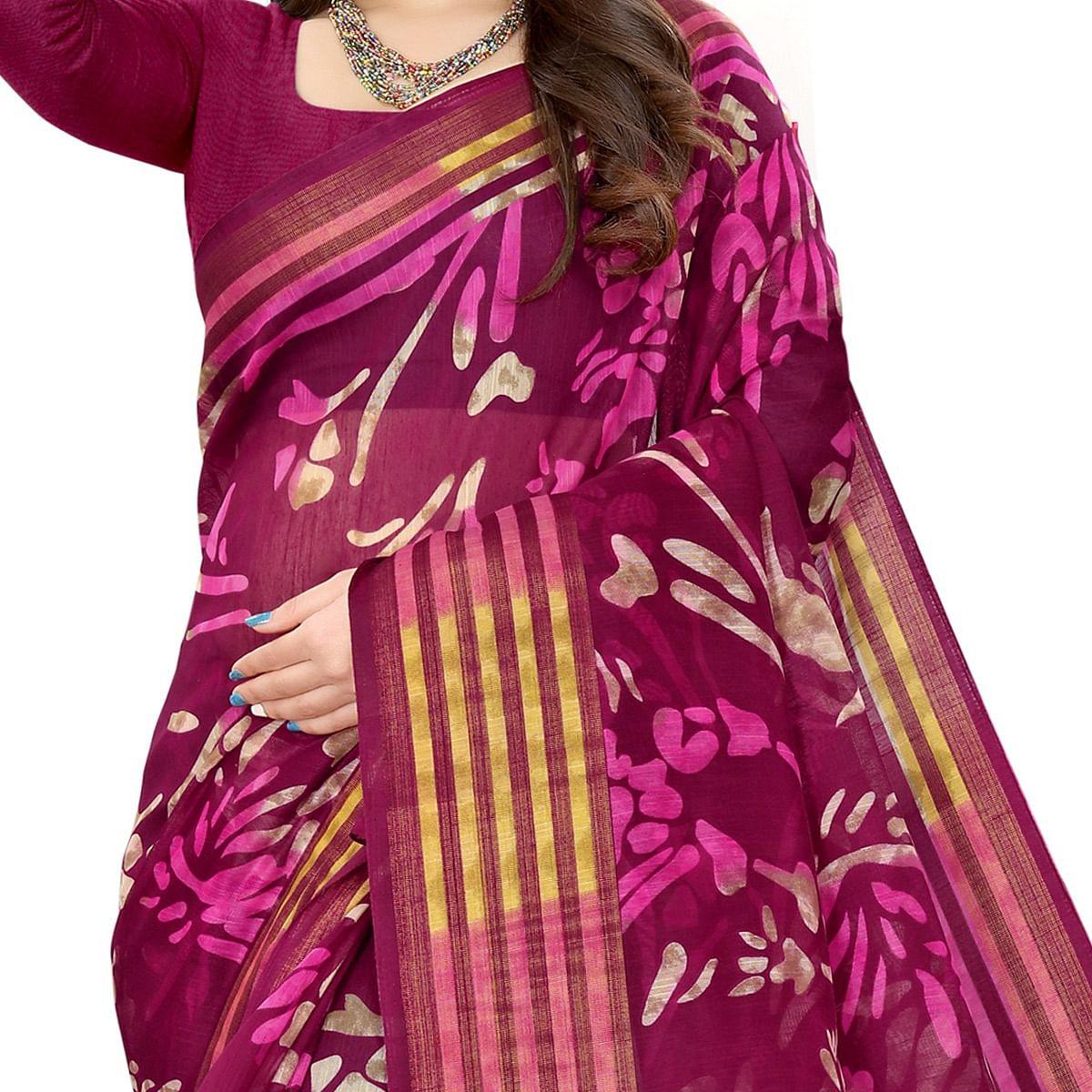 Pink Casual Wear Floral Printed Cotton Linen Saree - Peachmode