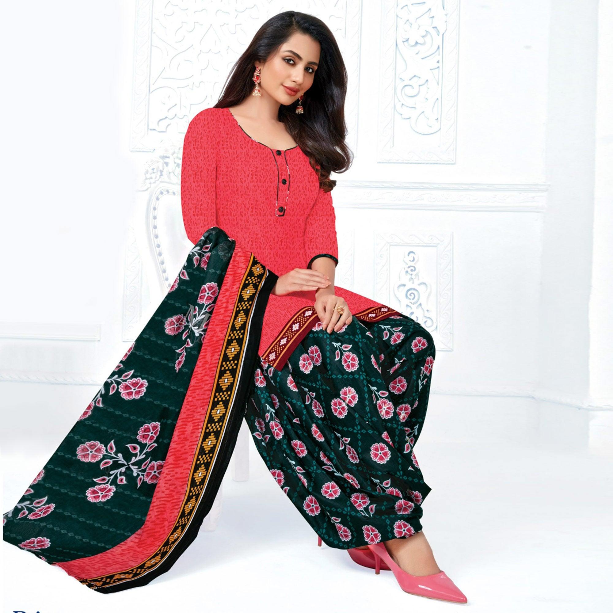 Pink Casual Wear Floral Printed Cotton Patiala Dress Material - Peachmode