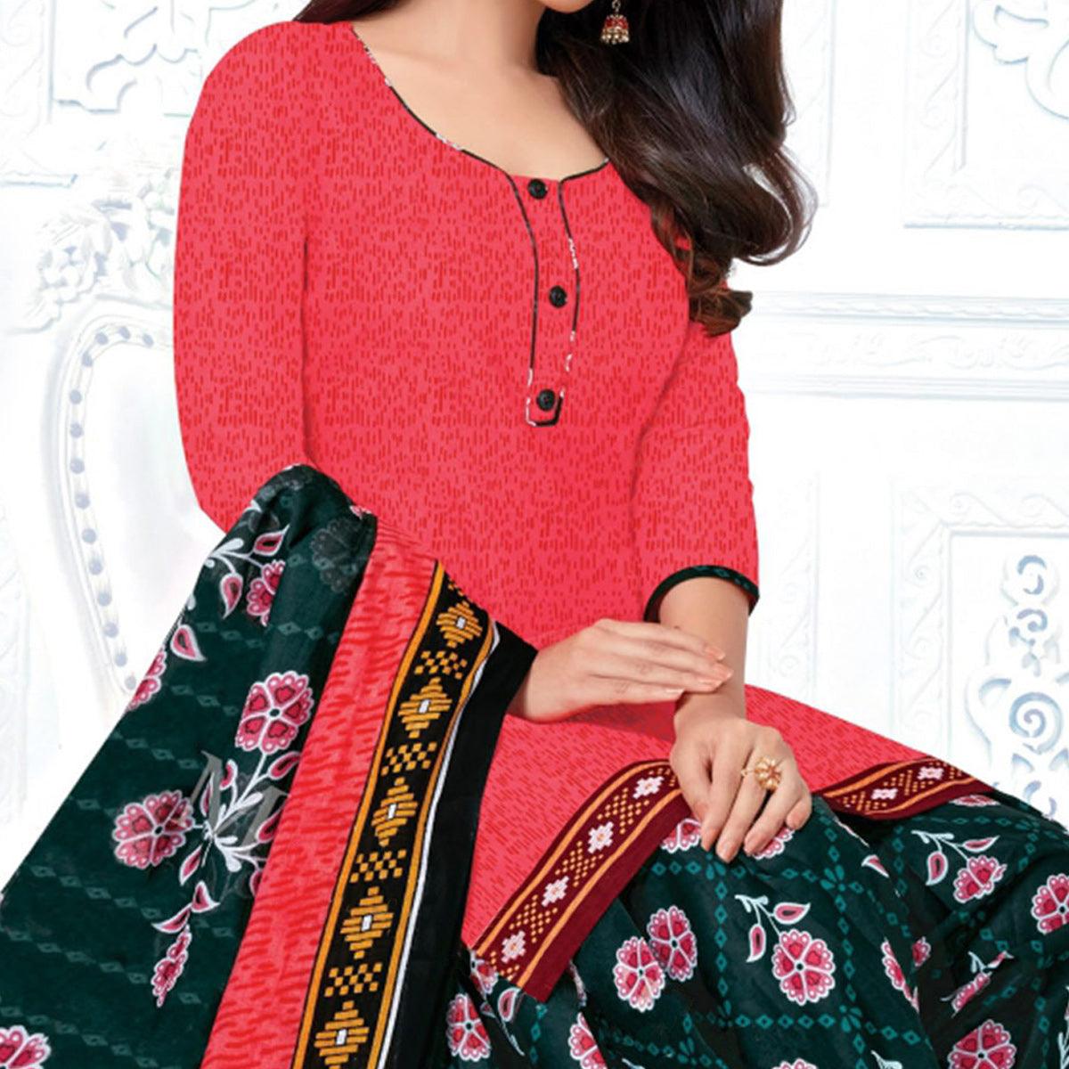 Pink Casual Wear Floral Printed Cotton Patiala Dress Material - Peachmode